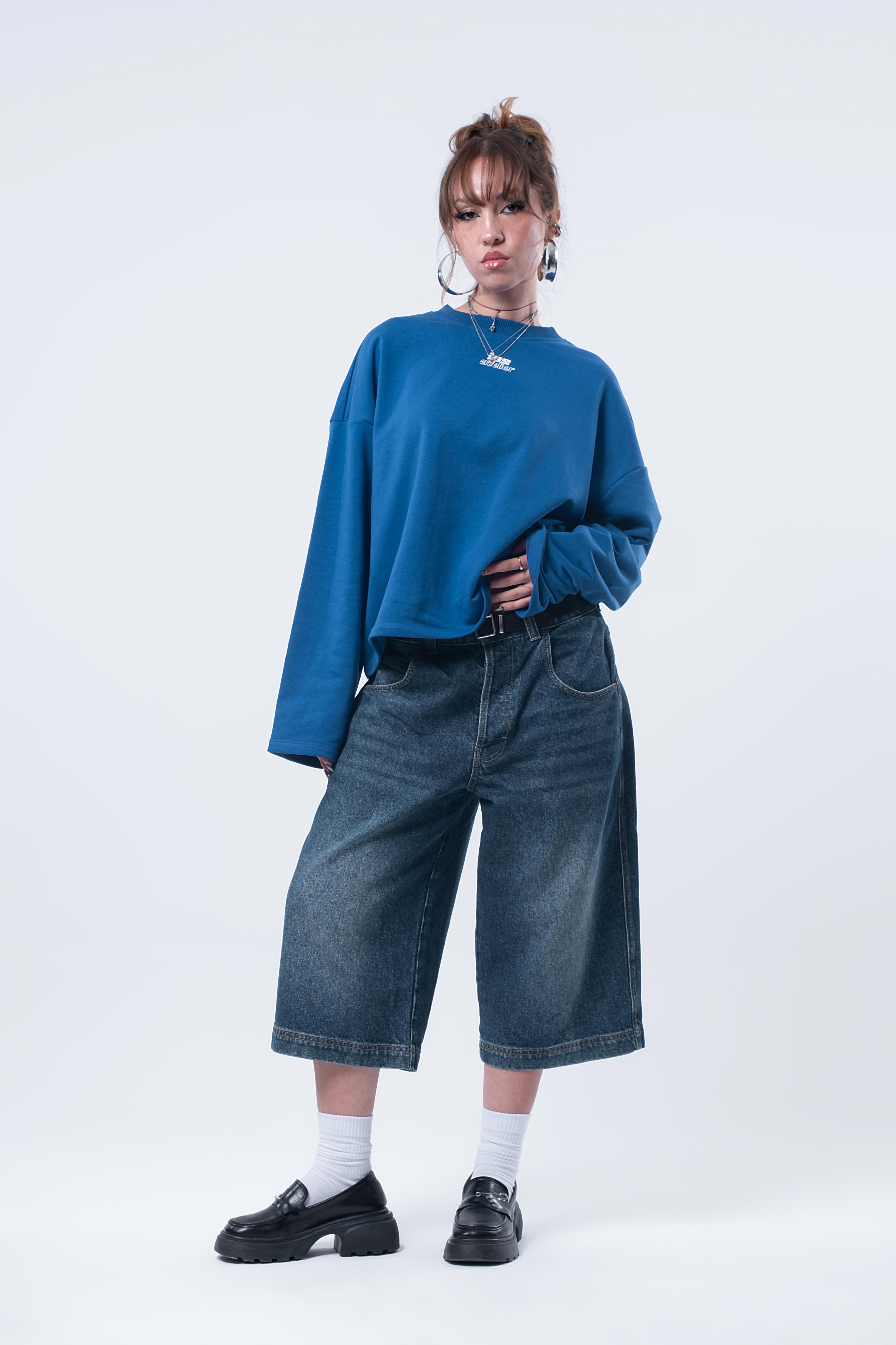 Uzun Kollu Boxy Fit Saks Sweatshirt