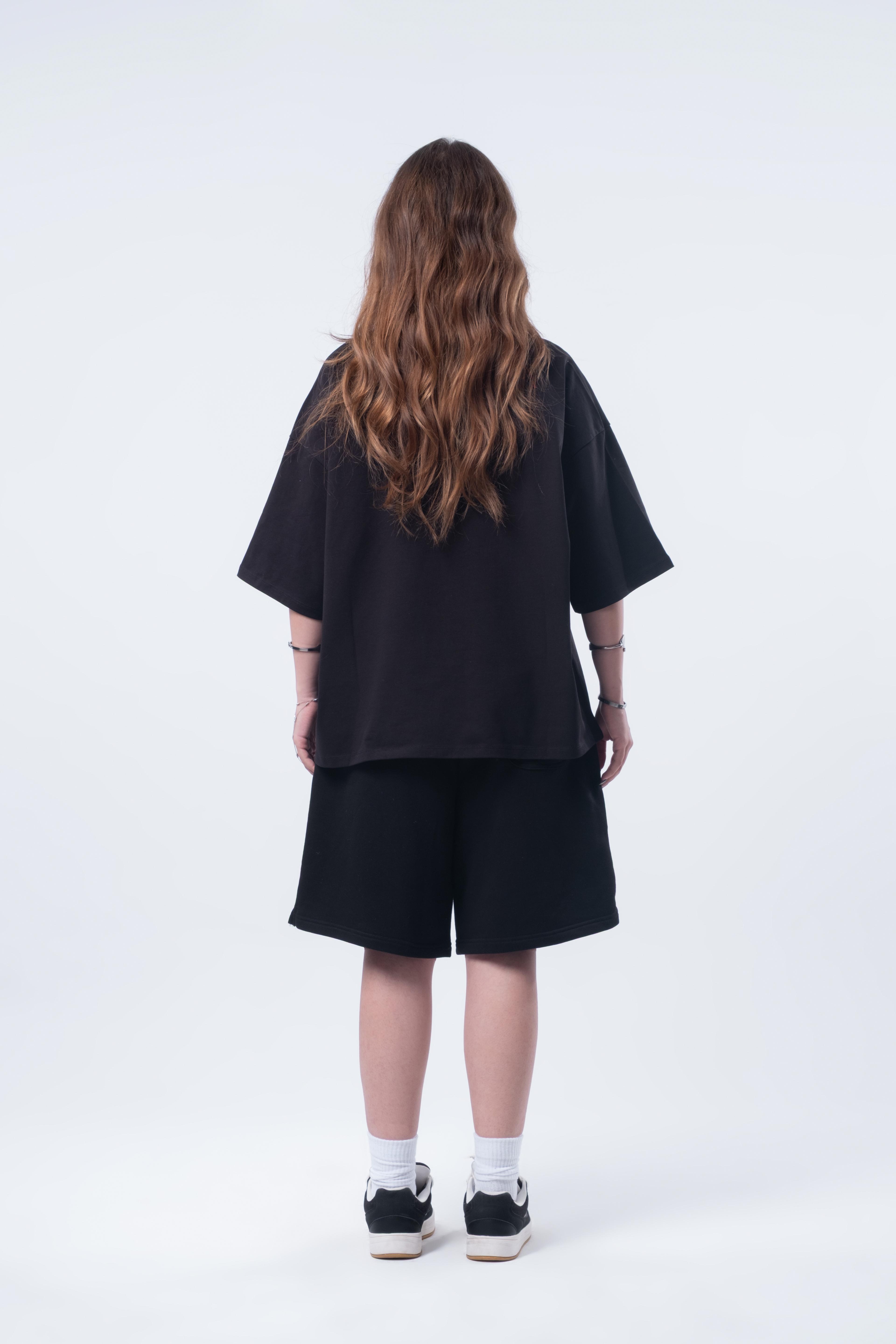 Kısa Kollu Baskılı Boxy Fit Siyah T-shirt