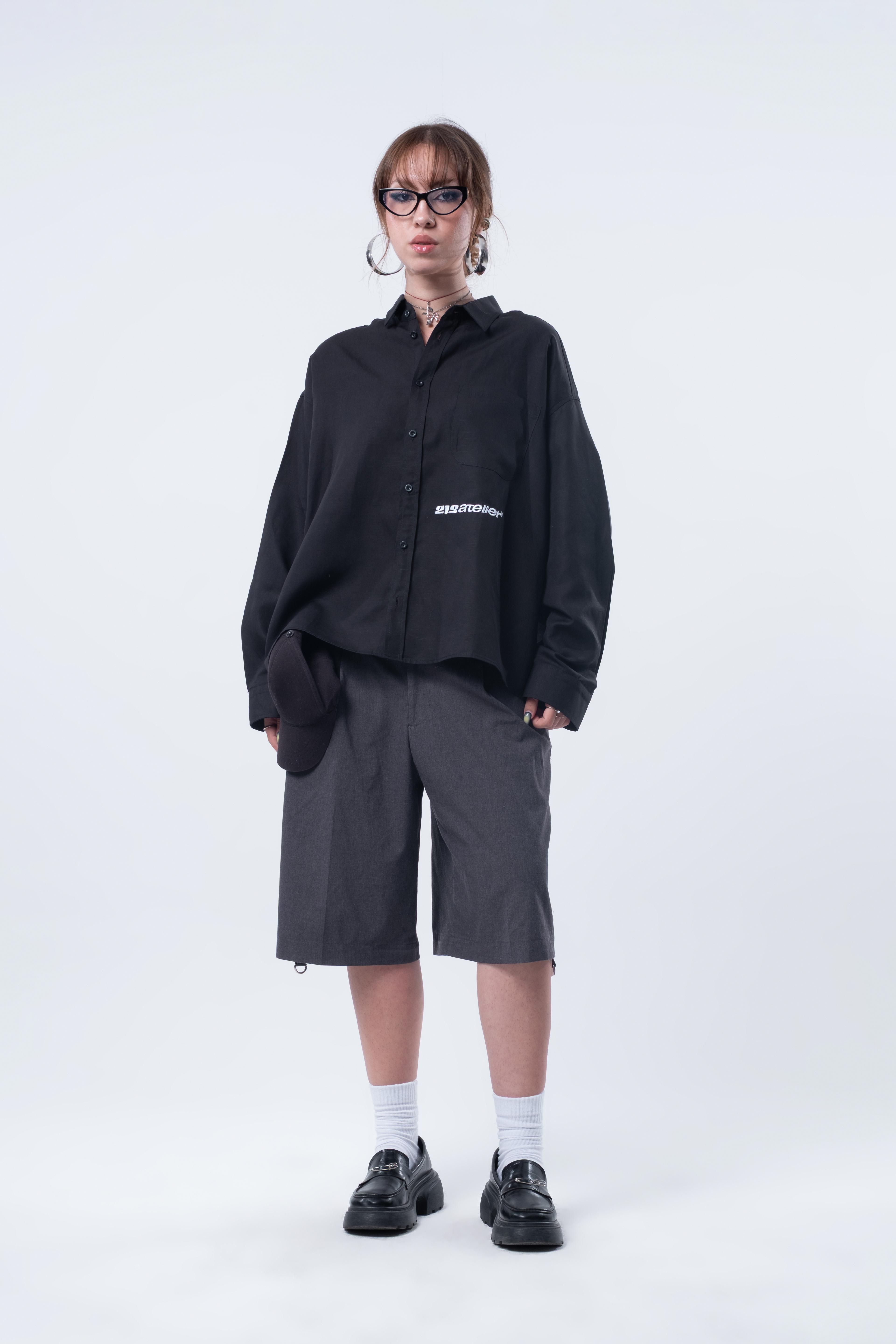 Boxy Fit Nakışlı Siyah Gömlek