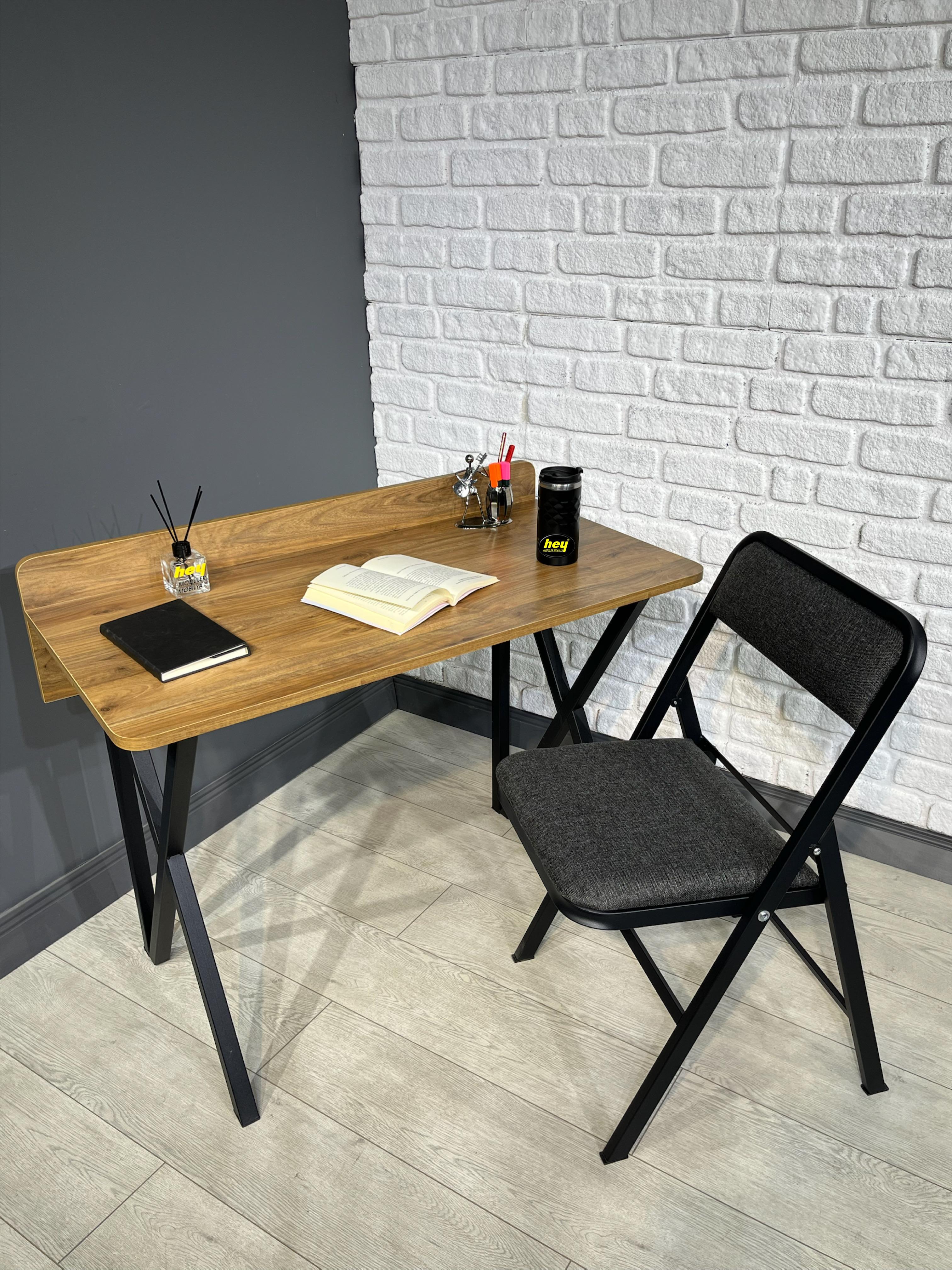 Buse Ceviz Çalışma Masası Ofis Bilgisayar Masası + Katlanır Sandalyeli 103 cm Metal Ayak - CEVİZ SİYAH - GRİ KETEN