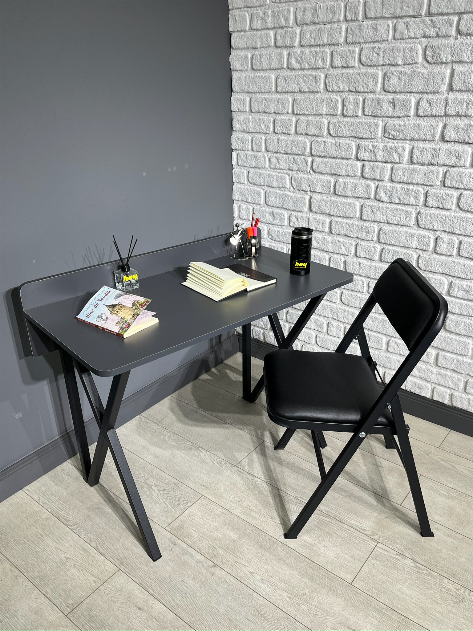 Buse Antrasit Çalışma Masası Ofis Bilgisayar Masası + Katlanır Sandalyeli 103 cm Metal Siyah Ayak