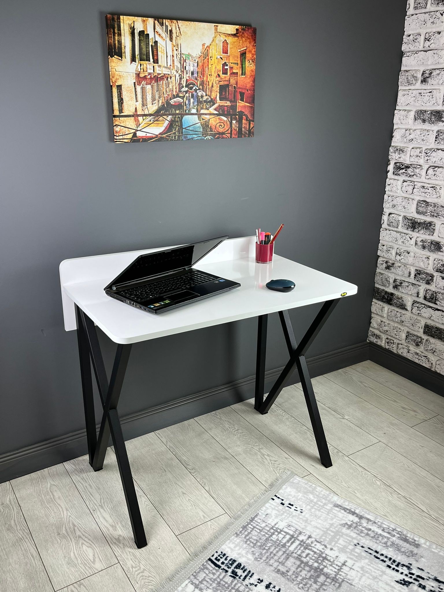 Hayal Çalışma Masası Bilgisayar Ofis Masası Metal Ayaklı 90 cm - Beyaz Siyah