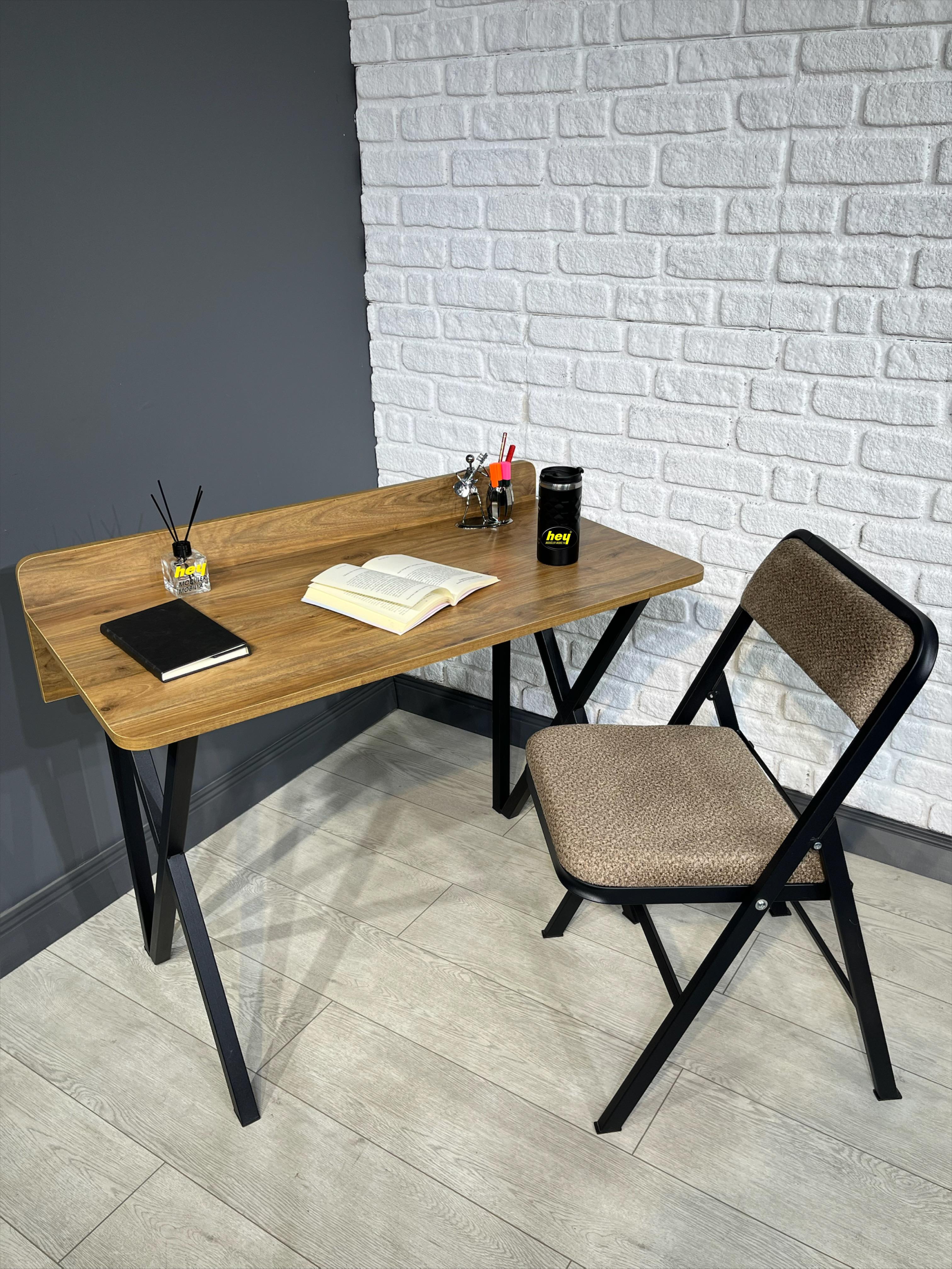 Buse Ceviz Çalışma Masası Ofis Bilgisayar Masası + Katlanır Sandalyeli 103 cm Metal Ayak - CEVİZ SİYAH - KAHVERENGİ
