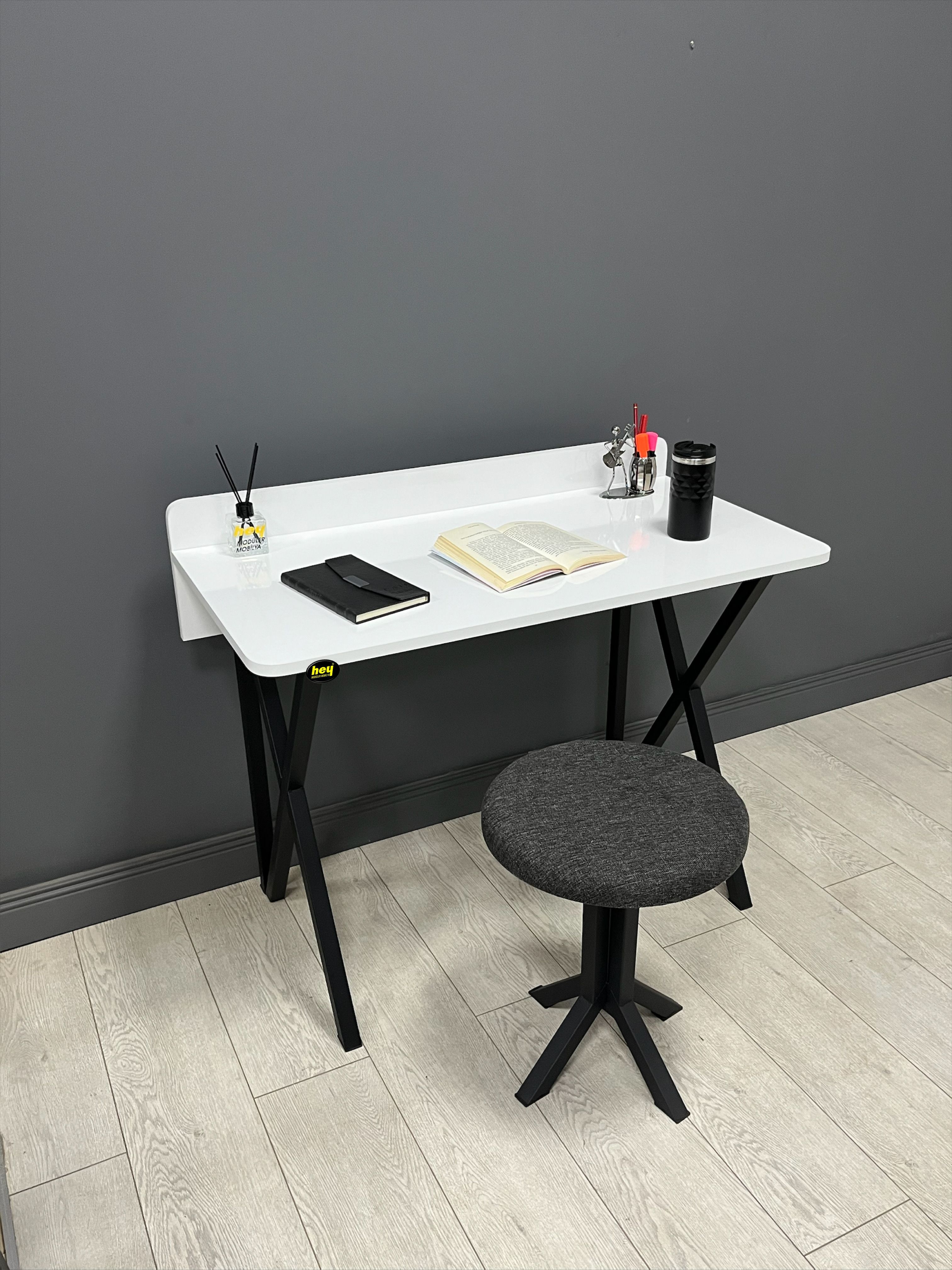  Hey Ayça Beyaz Çalışma Masası Ofis Bilgisayar Masası + Tabureli 103 cm