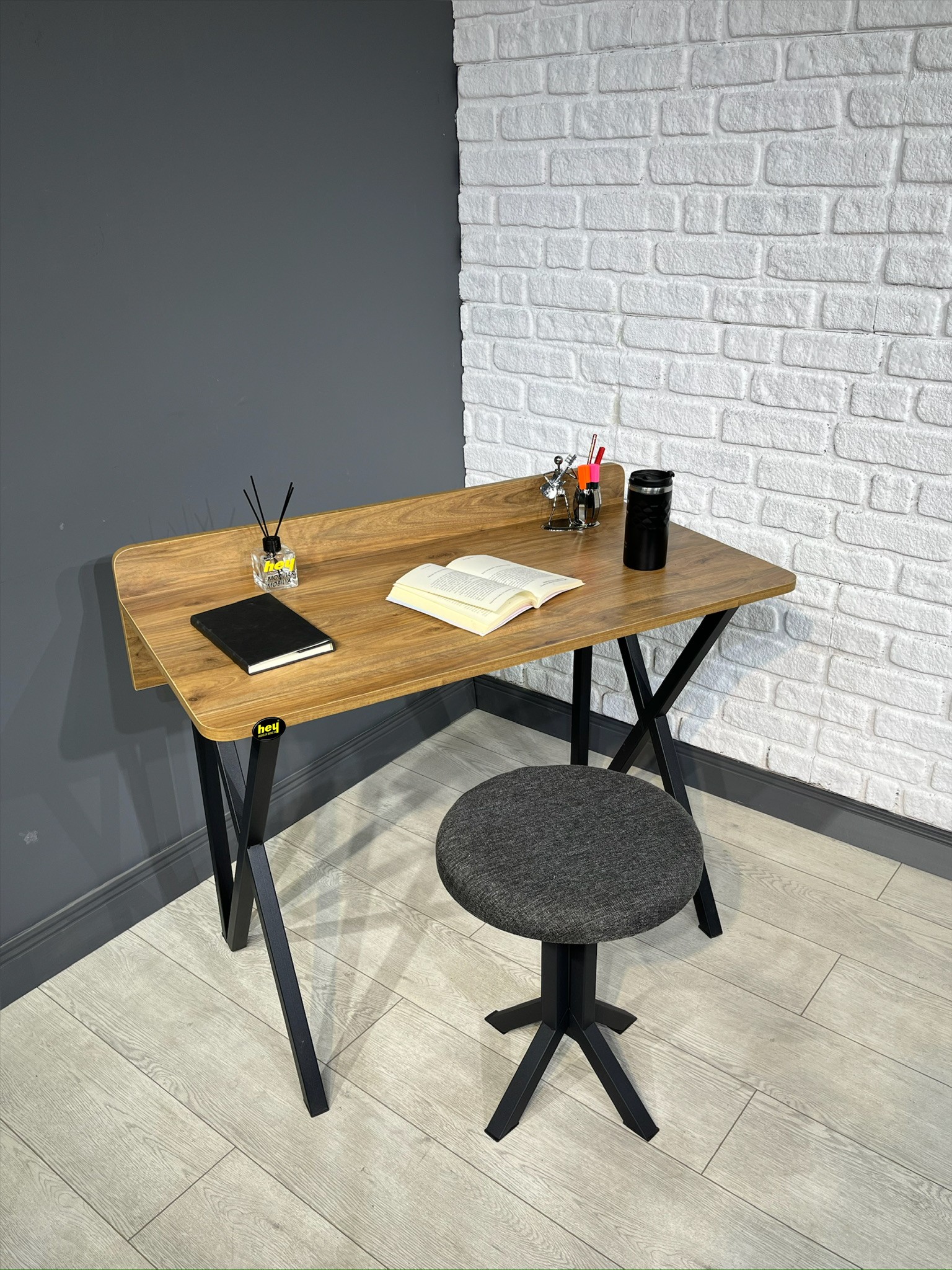 Hey Ayça Ceviz Çalışma Masası Ofis Bilgisayar Masası + Tabureli 103 cm