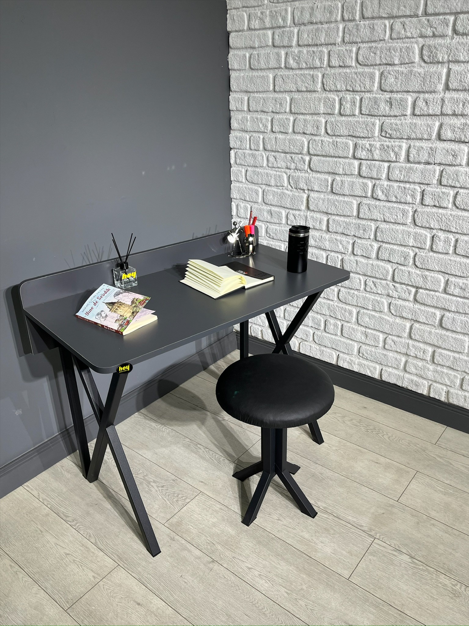 Hey Ayça Antrasit Çalışma Masası Ofis Bilgisayar Masası + Tabureli 103 cm