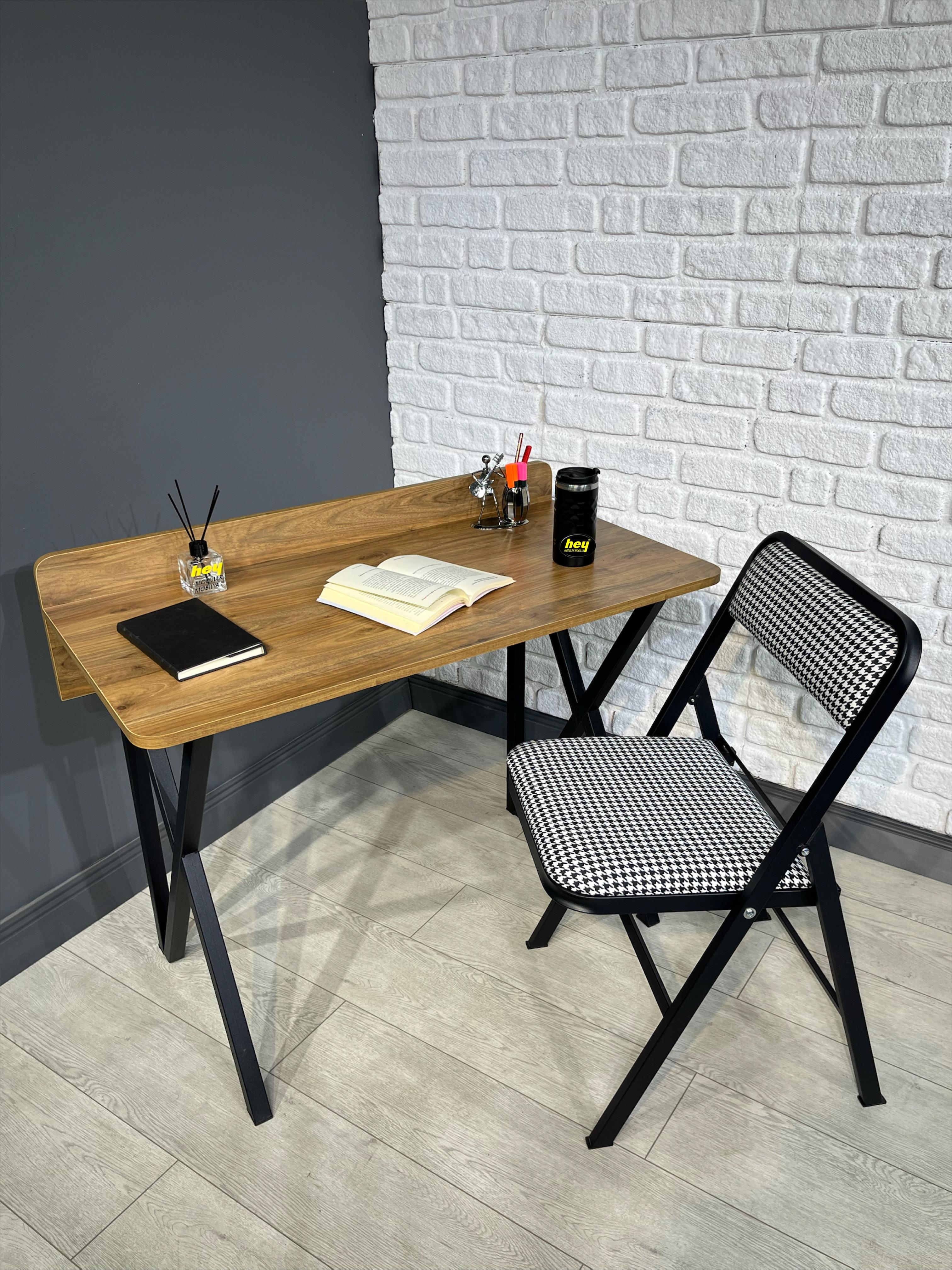 Buse Ceviz Çalışma Masası Ofis Bilgisayar Masası + Katlanır Sandalyeli 103 cm Metal Ayak - CEVİZ SİYAH - SİYAH KAZAYAĞI