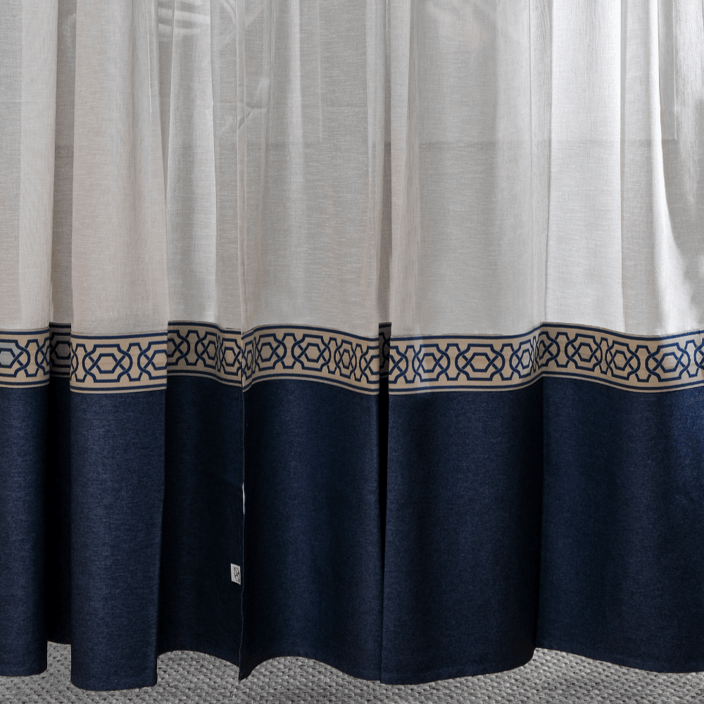Lacivert Alt Bordürlü Keten Görünümlü Polyester Tül Fon Perde (2 Kanat Perde 160×260 cm)