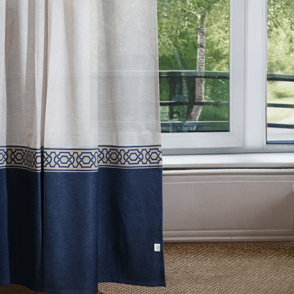 Lacivert Alt Bordürlü Keten Görünümlü Polyester Tül Fon Perde (2 Kanat Perde 160×260 cm)