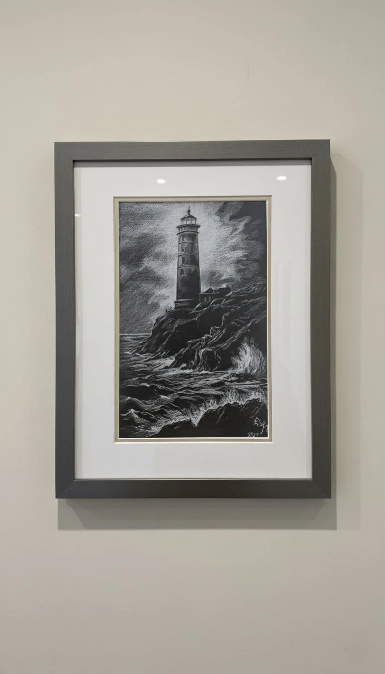 Siyah Kağıt Üzerine Beyaz Kalem 35x50cm Deniz Feneri 2002