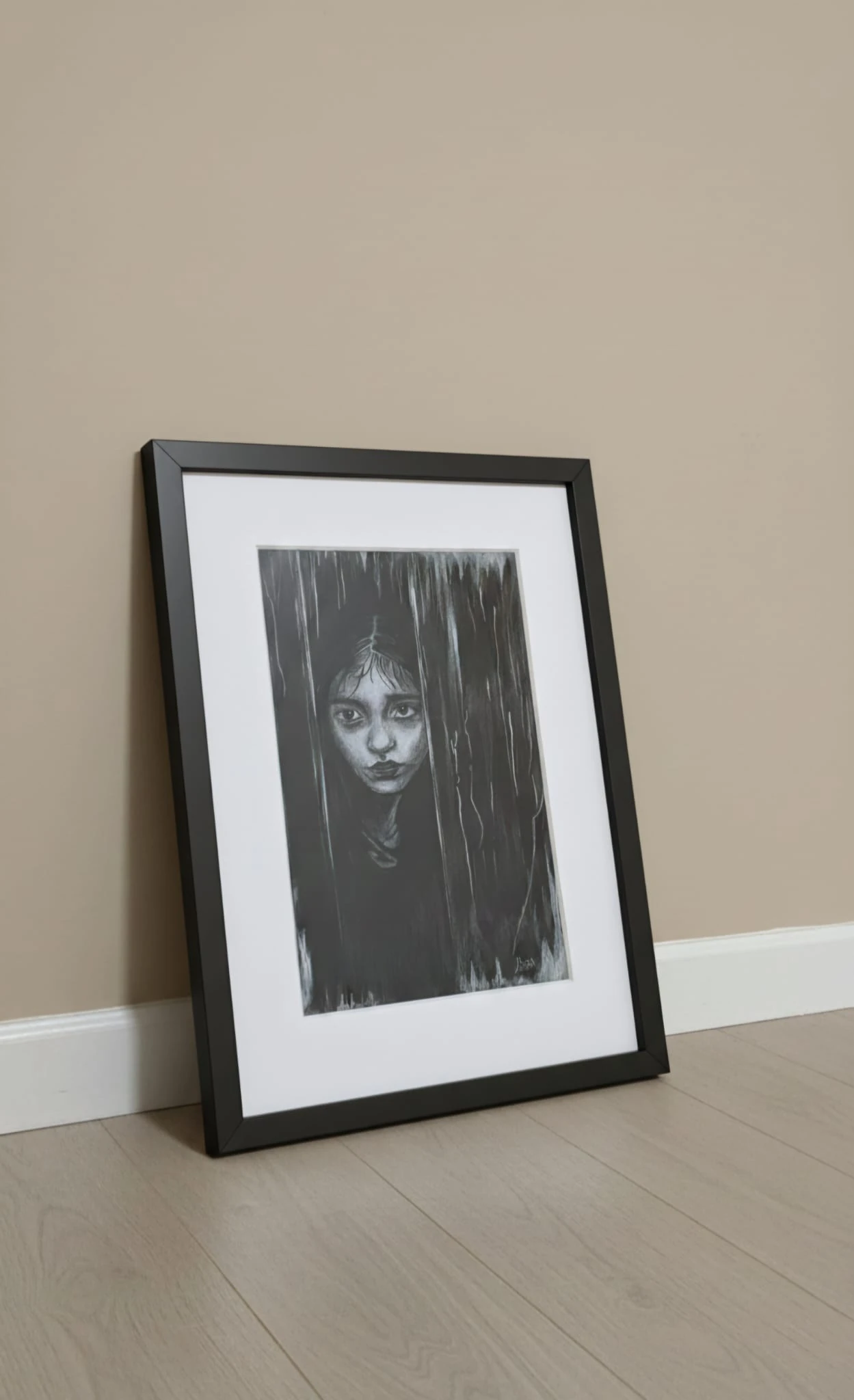 Siyah Kağıt Üzerine Beyaz Kalem Camdaki Kız Tablosu 35x50cm  2003