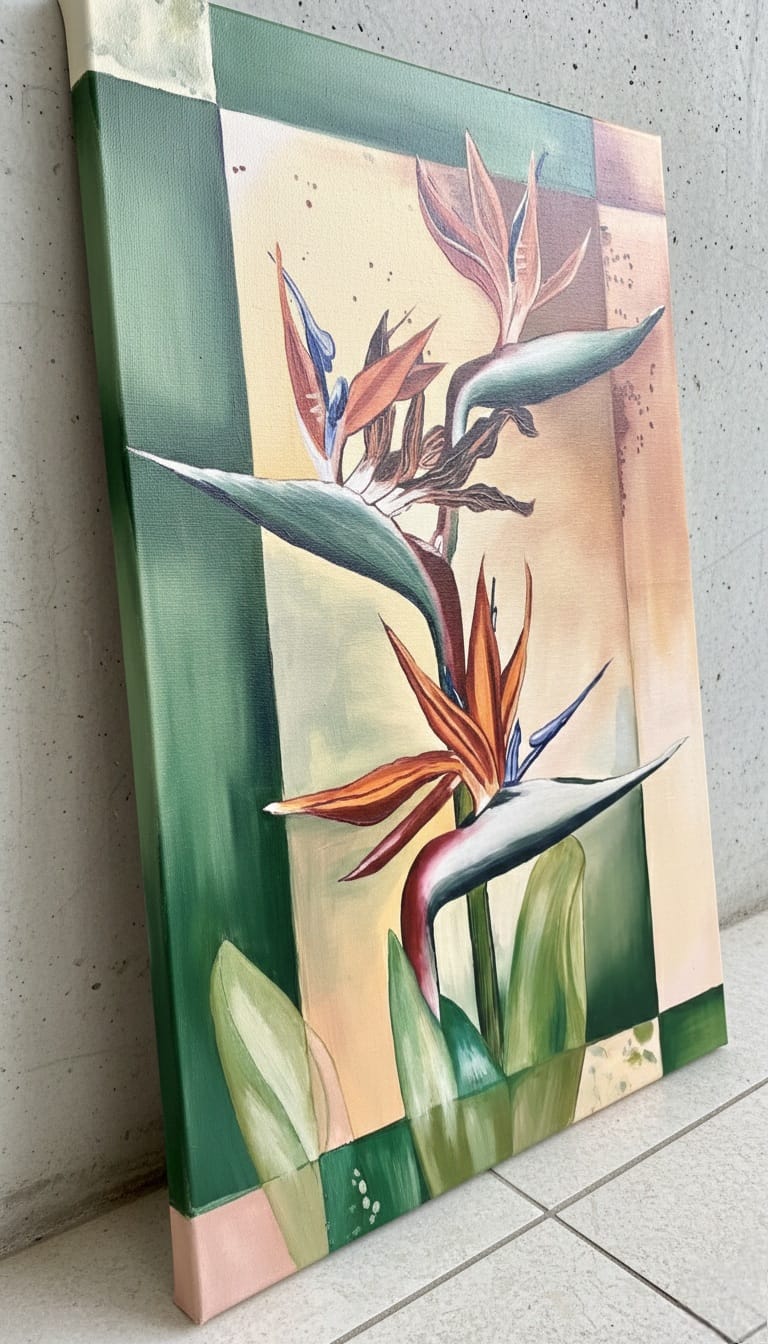 Tropical Elegance  Kuş Cenneti Çiçeği Temalı Modern Botanik Akrilik Tablo  Tropik Dekor Duvar Sanatı 1044