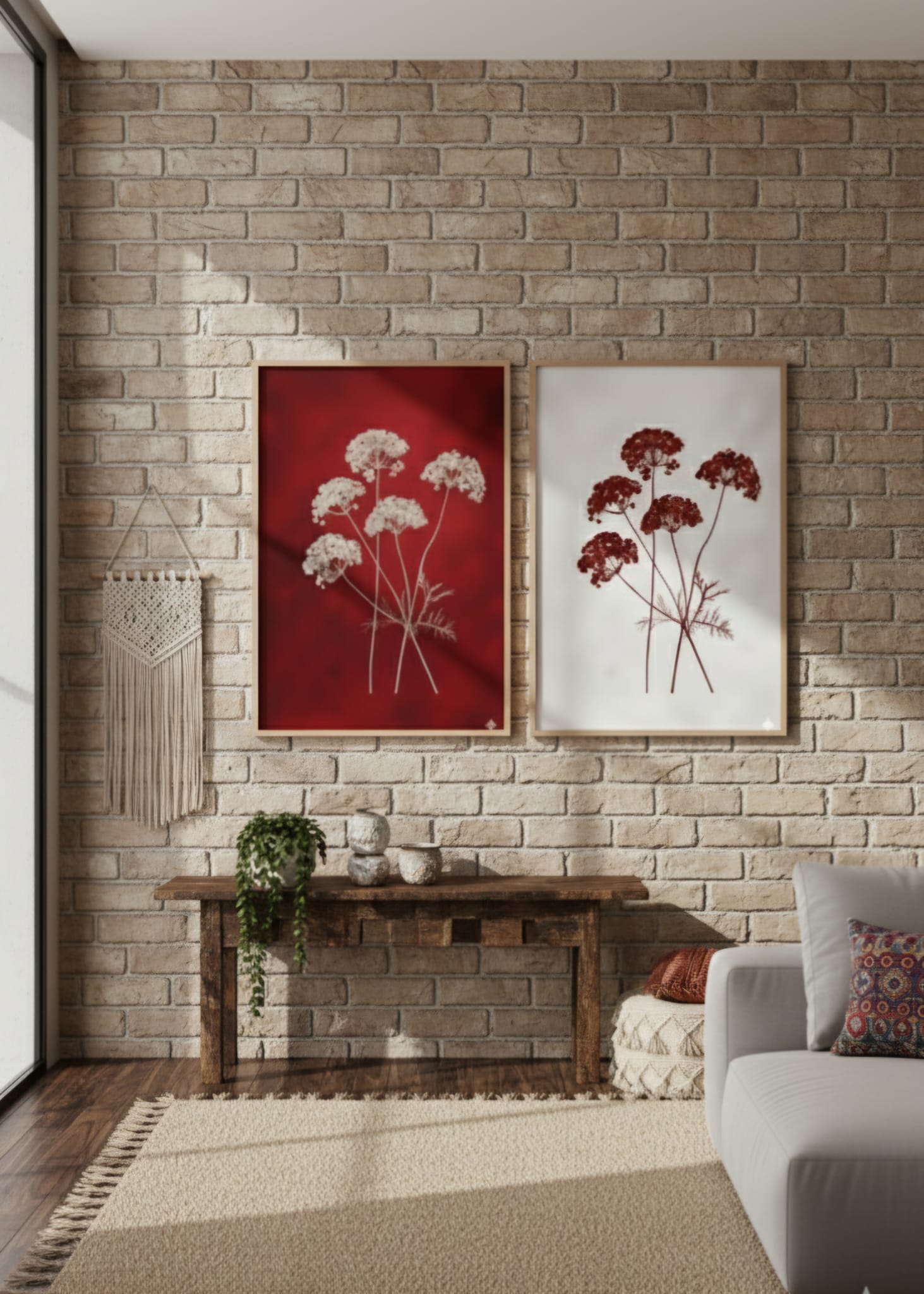 Crimson Bloom Koyu Kırmızı ve Berrak Beyaz İkili Tuval Üzerine Akrilik Tablo 1028 