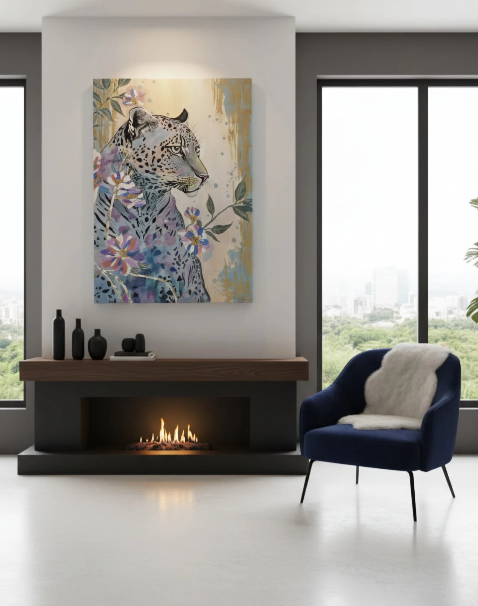 Wild Bloom Dokulu Mavi Leopar Orjinal Yağlı Boya Kabartmalı Tablo  1045