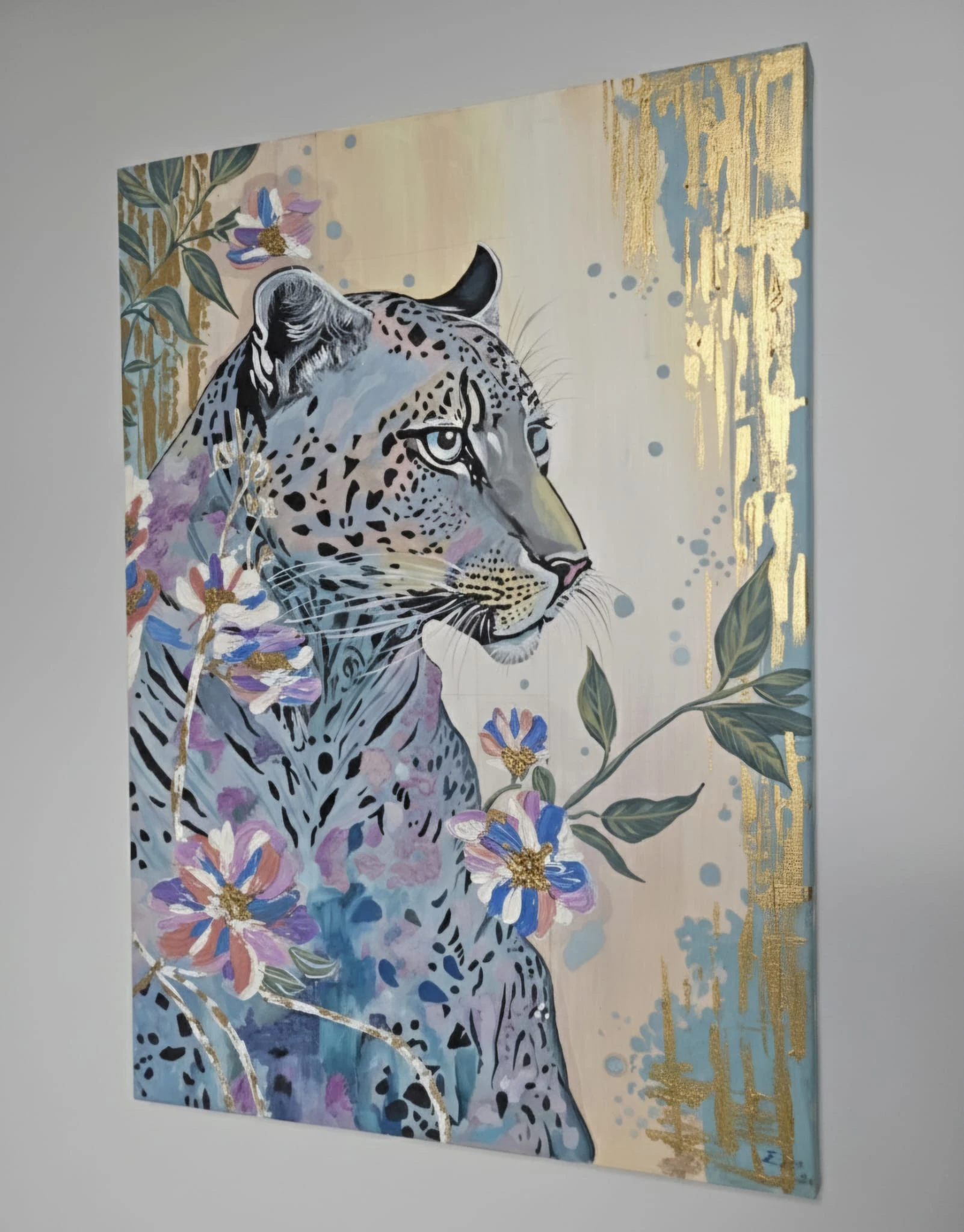 Wild Bloom Dokulu Mavi Leopar Orjinal Yağlı Boya Kabartmalı Tablo  1045