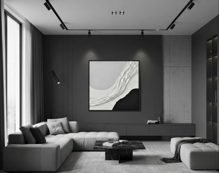 Texture Wave Siyah Beyaz Ve Gri Renk İle Doku Dalgası Akrilik Boya Dokulu Tablo 1039