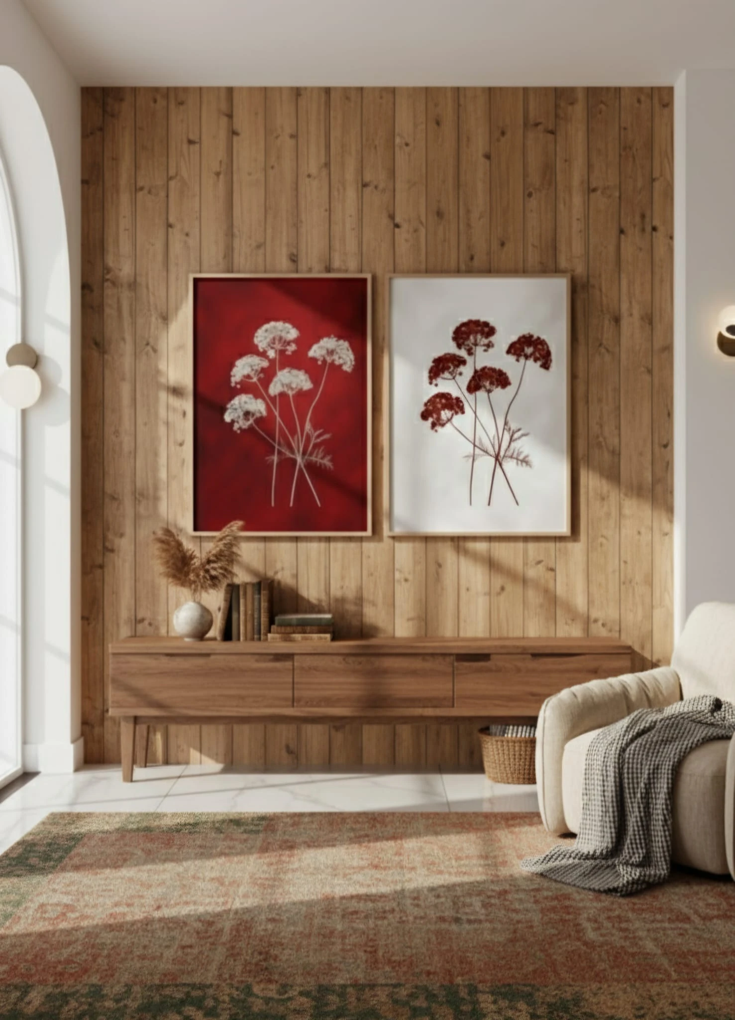 Crimson Bloom Koyu Kırmızı ve Berrak Beyaz İkili Tuval Üzerine Akrilik Tablo 1028 