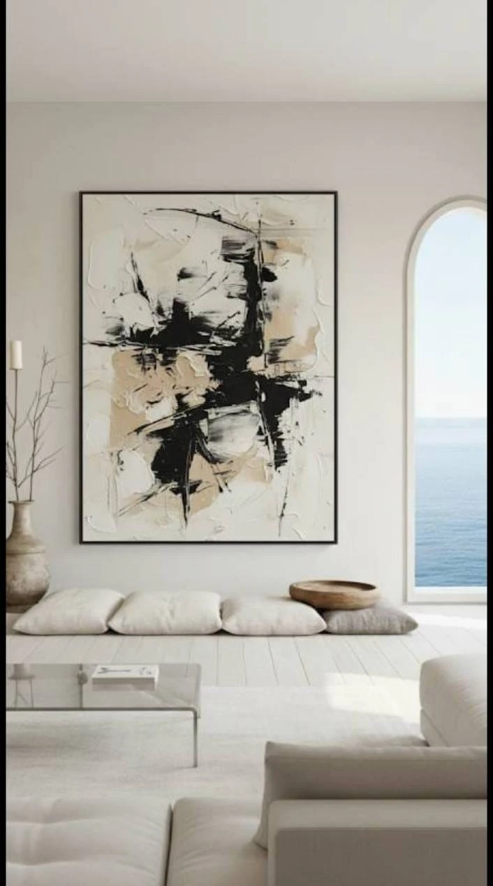 Abstract Force Nötr Tonlu Soyut Siyah Beyaz Bej Dokulu Akrilik Boya Tablosu 1033