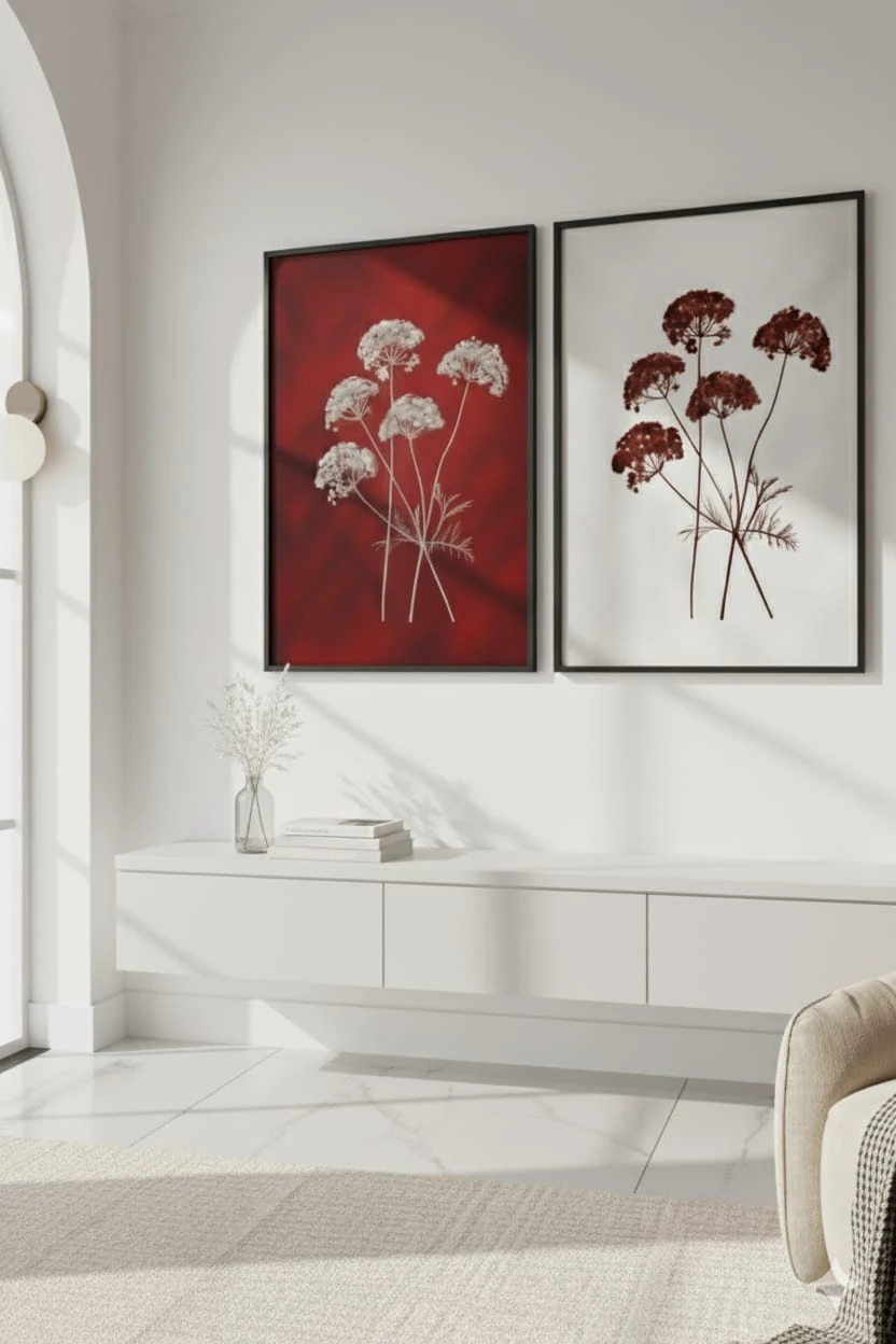 Crimson Bloom Koyu Kırmızı ve Berrak Beyaz İkili Tuval Üzerine Akrilik Tablo 1028 