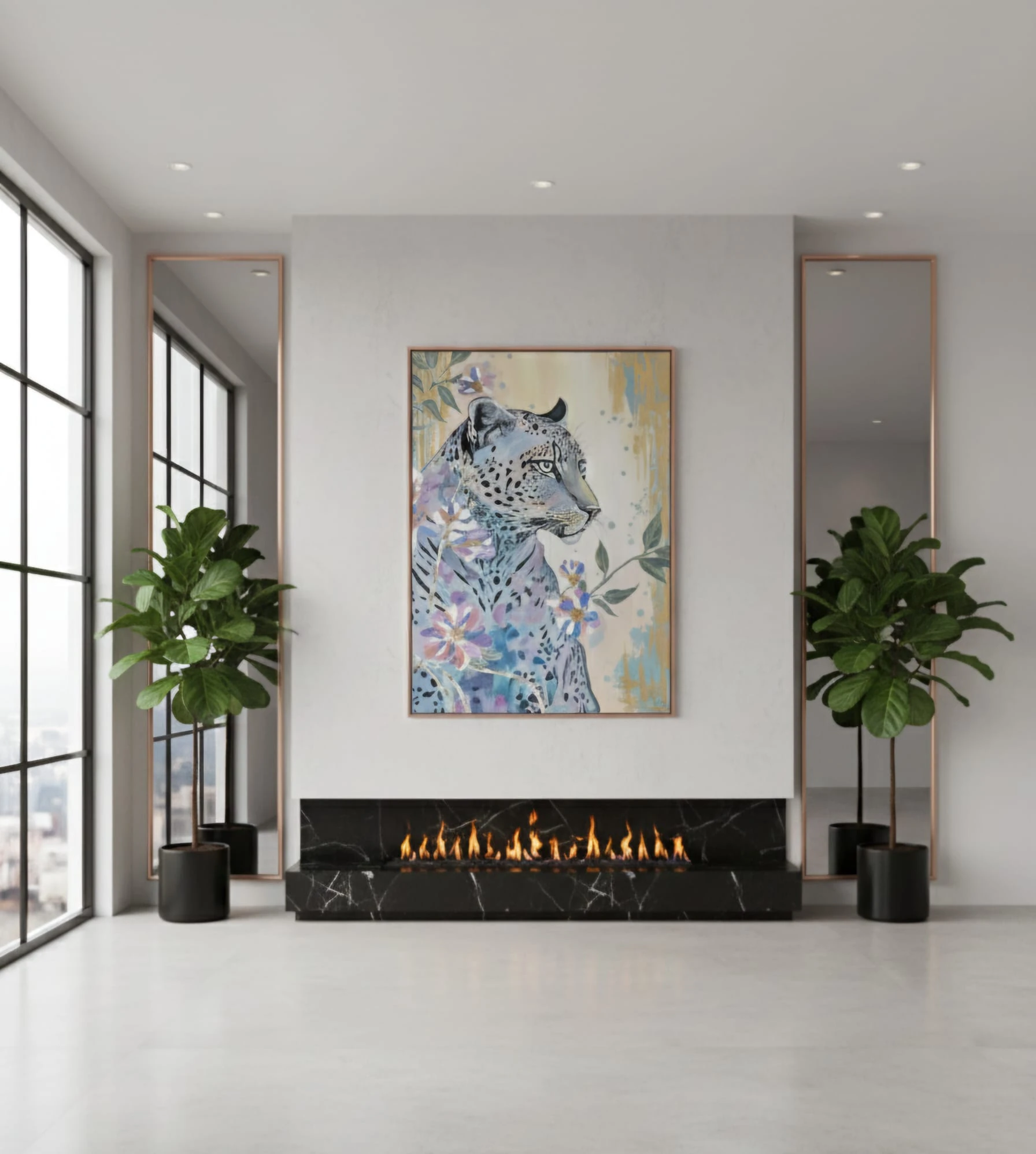 Wild Bloom Dokulu Mavi Leopar Orjinal Yağlı Boya Kabartmalı Tablo  1045