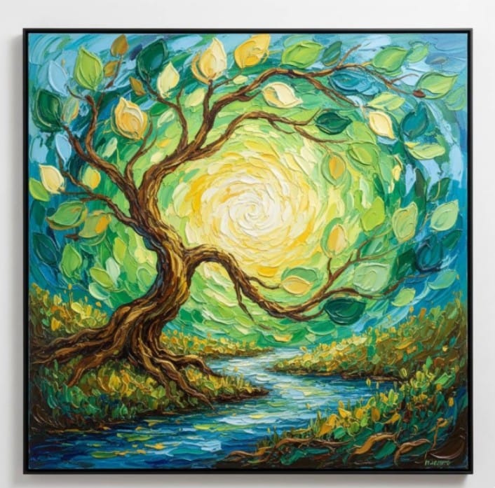 Doğanın Kalbinde Huzurun Kaynağıyla Yenilenmenin Rengi Dokulu Akrilik Boya Tablosu 1014