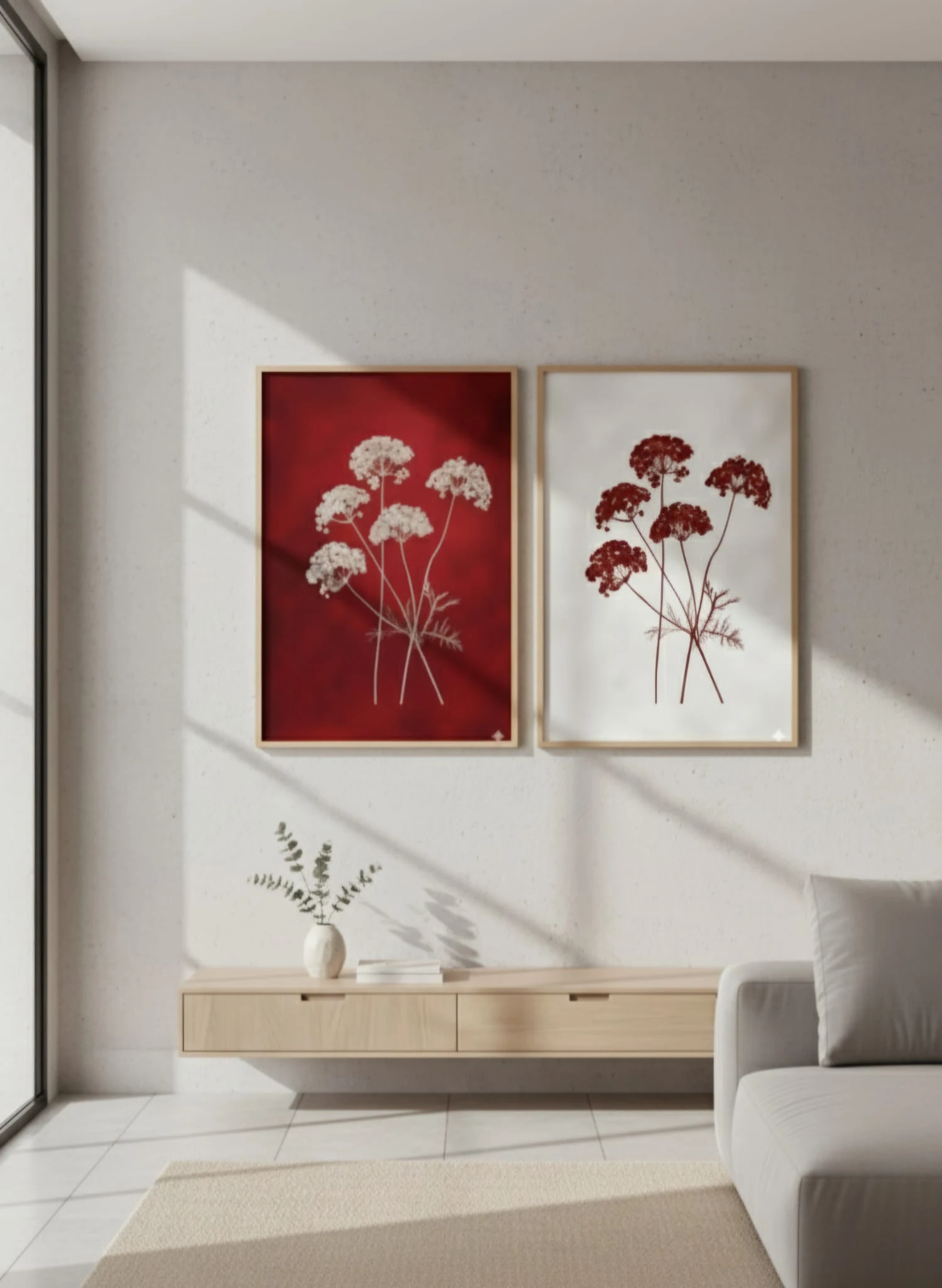 Crimson Bloom Koyu Kırmızı ve Berrak Beyaz İkili Tuval Üzerine Akrilik Tablo 1028 