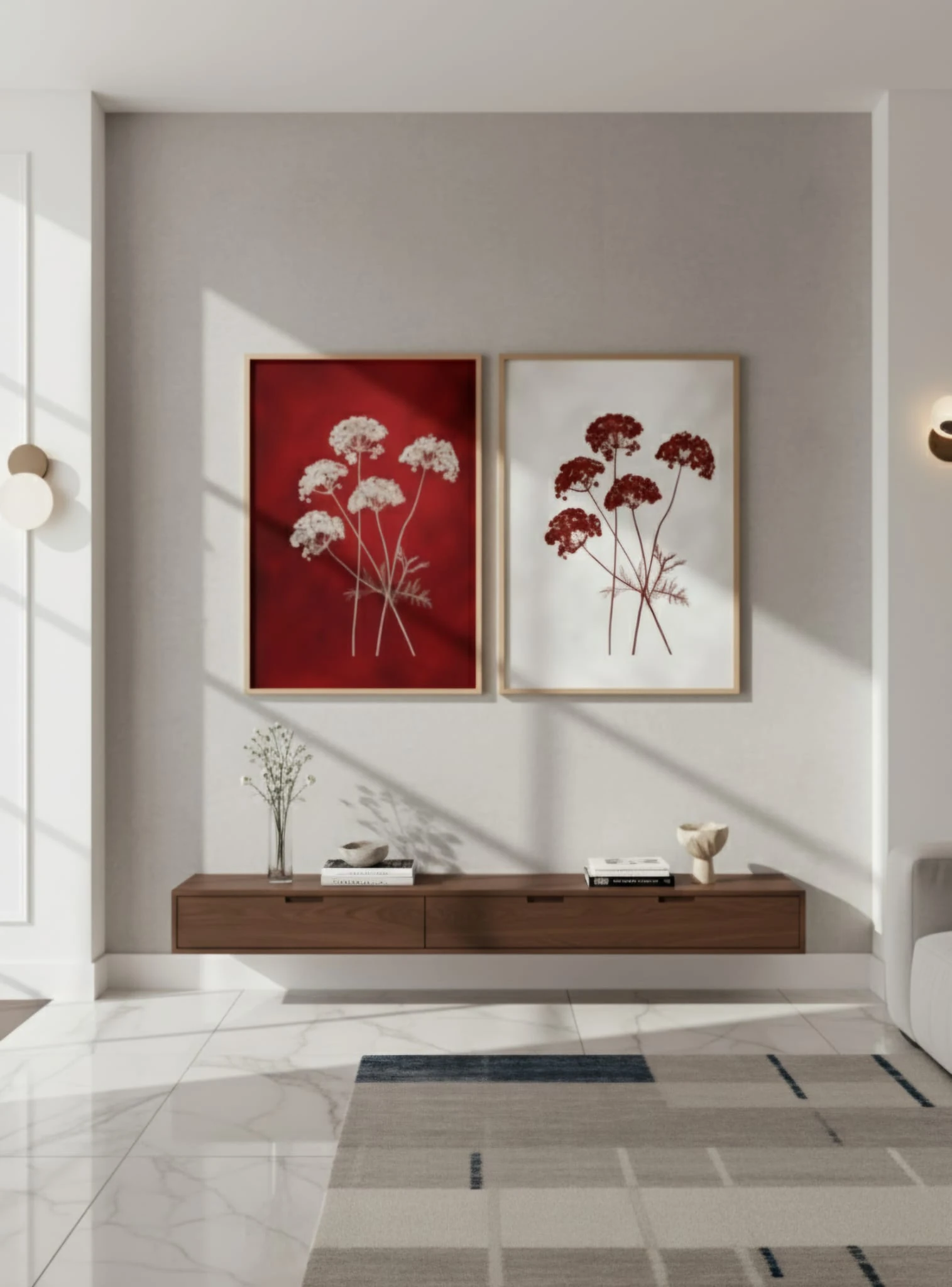 Crimson Bloom Koyu Kırmızı ve Berrak Beyaz İkili Tuval Üzerine Akrilik Tablo 1028 