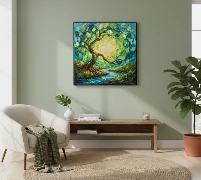 Doğanın Kalbinde Huzurun Kaynağıyla Yenilenmenin Rengi Dokulu Akrilik Boya Tablosu 1014