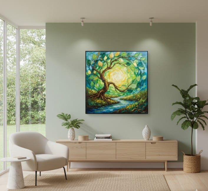 Doğanın Kalbinde Huzurun Kaynağıyla Yenilenmenin Rengi Dokulu Akrilik Boya Tablosu 1014