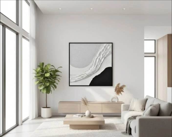 Texture Wave Siyah Beyaz Ve Gri Renk İle Doku Dalgası Akrilik Boya Dokulu Tablo 1039