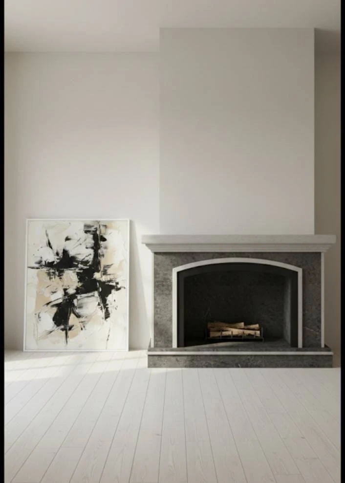 Abstract Force Nötr Tonlu Soyut Siyah Beyaz Bej Dokulu Akrilik Boya Tablosu 1033