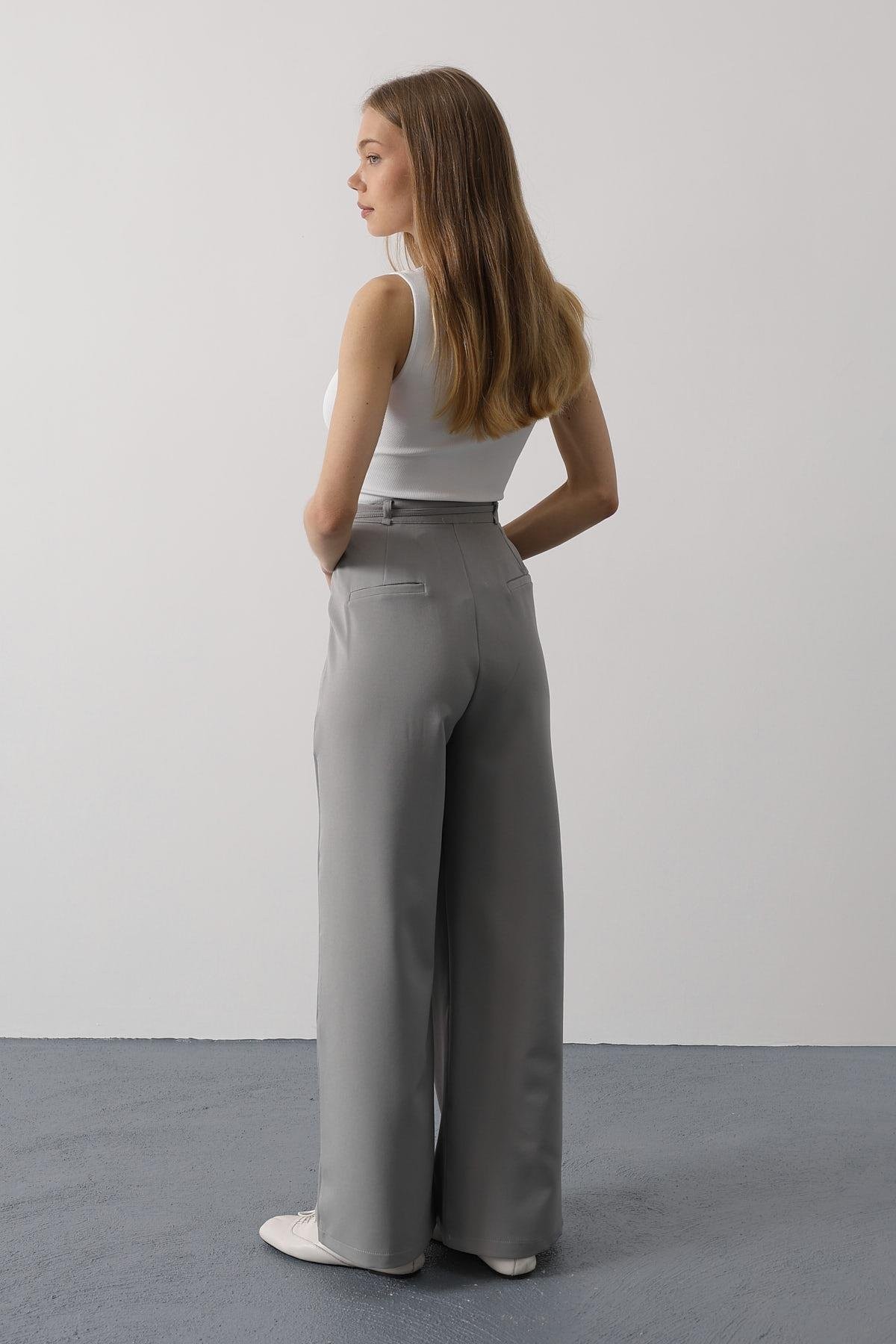 Pileli Bağcıklı Oversize Pantolon - Gri