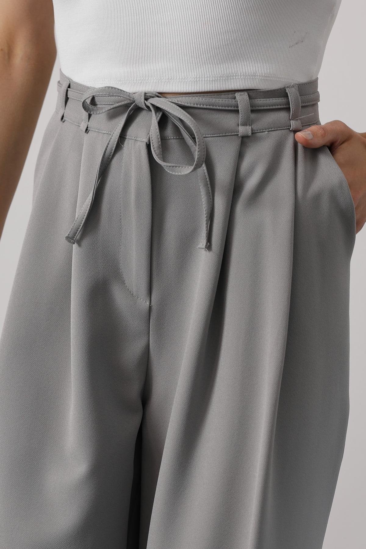 Pileli Bağcıklı Oversize Pantolon - Gri