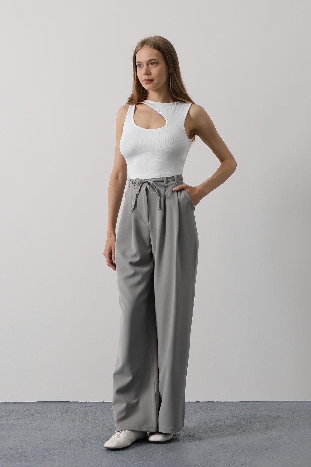 Pileli Bağcıklı Oversize Pantolon - Gri main variant image