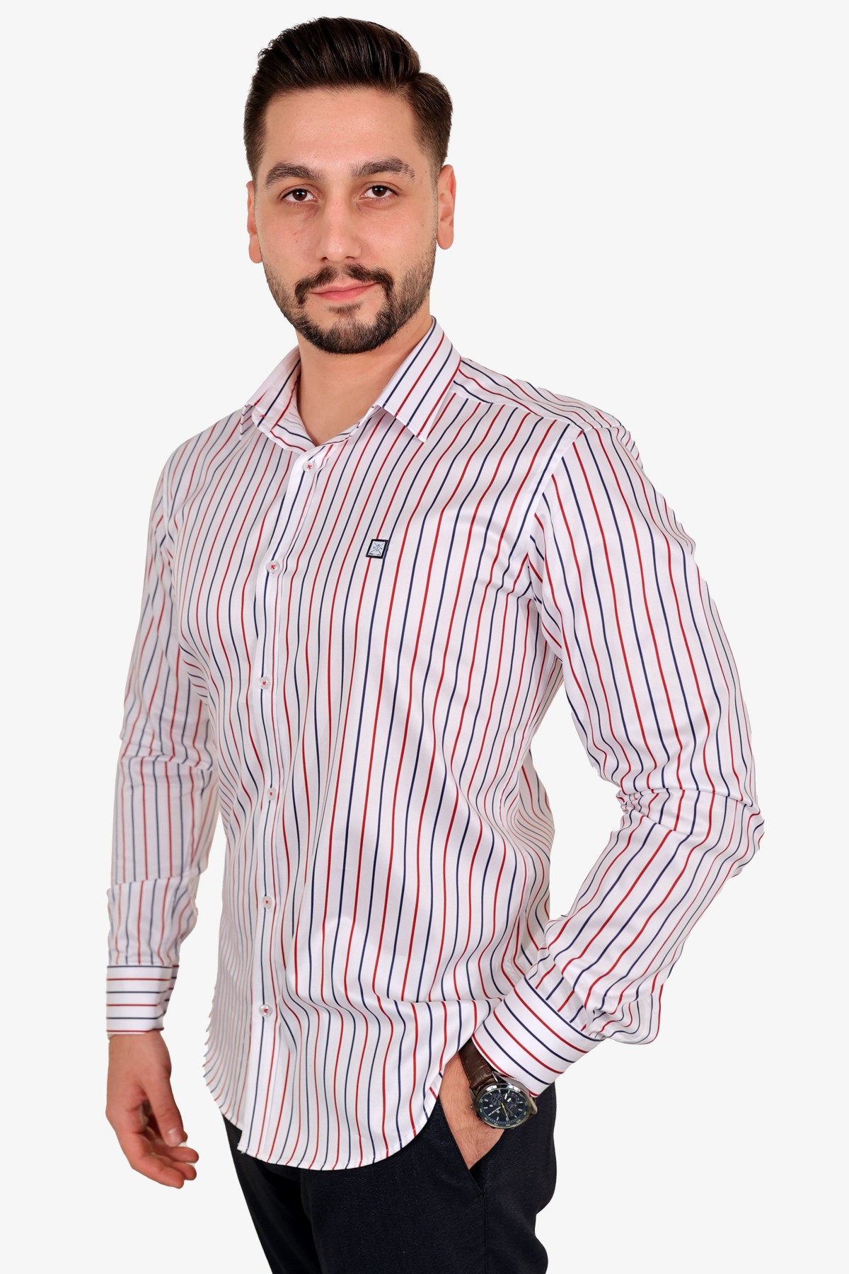 Çizgili Pamuk Saten Slim Fit Gömlek - Kırmızı-Lacivert