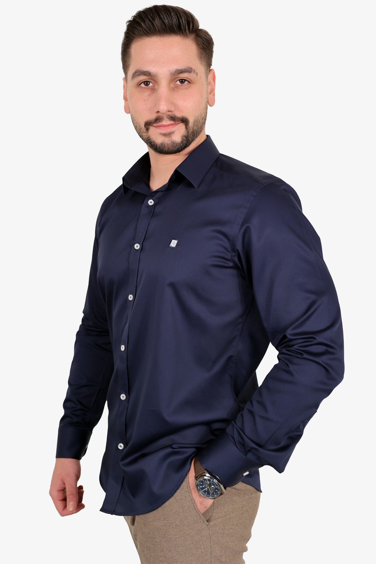 Pamuk Saten Slim Fit Gömlek - Lacivert