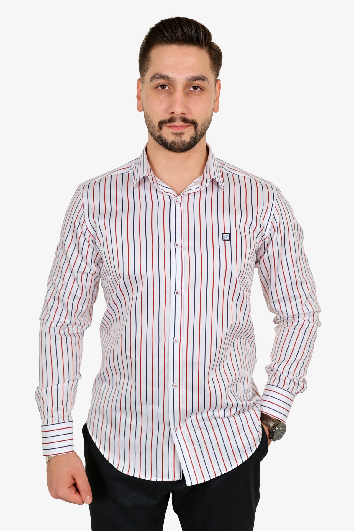 Çizgili Pamuk Saten Slim Fit Gömlek