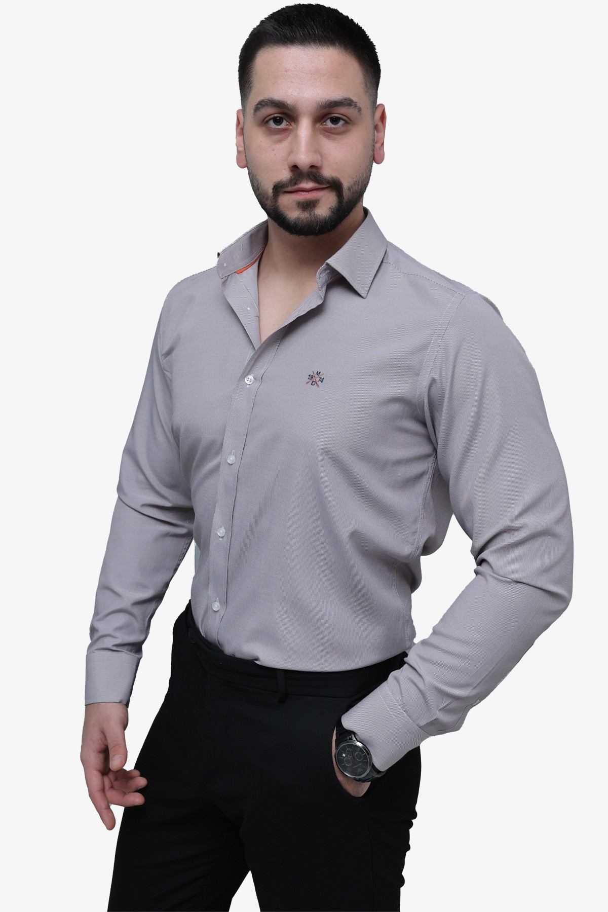 Çizgilii Slim Fit Gömlek - KAHVERENGİ