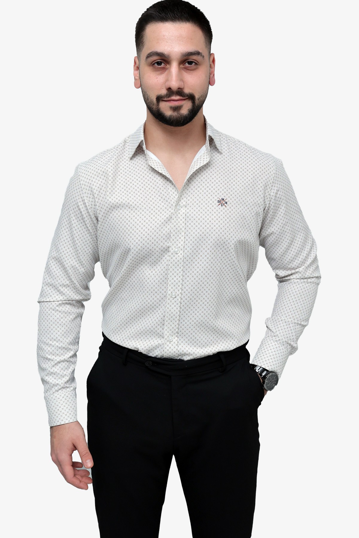 Baskılı Pamuk Slim Fit Gömlek - KREM