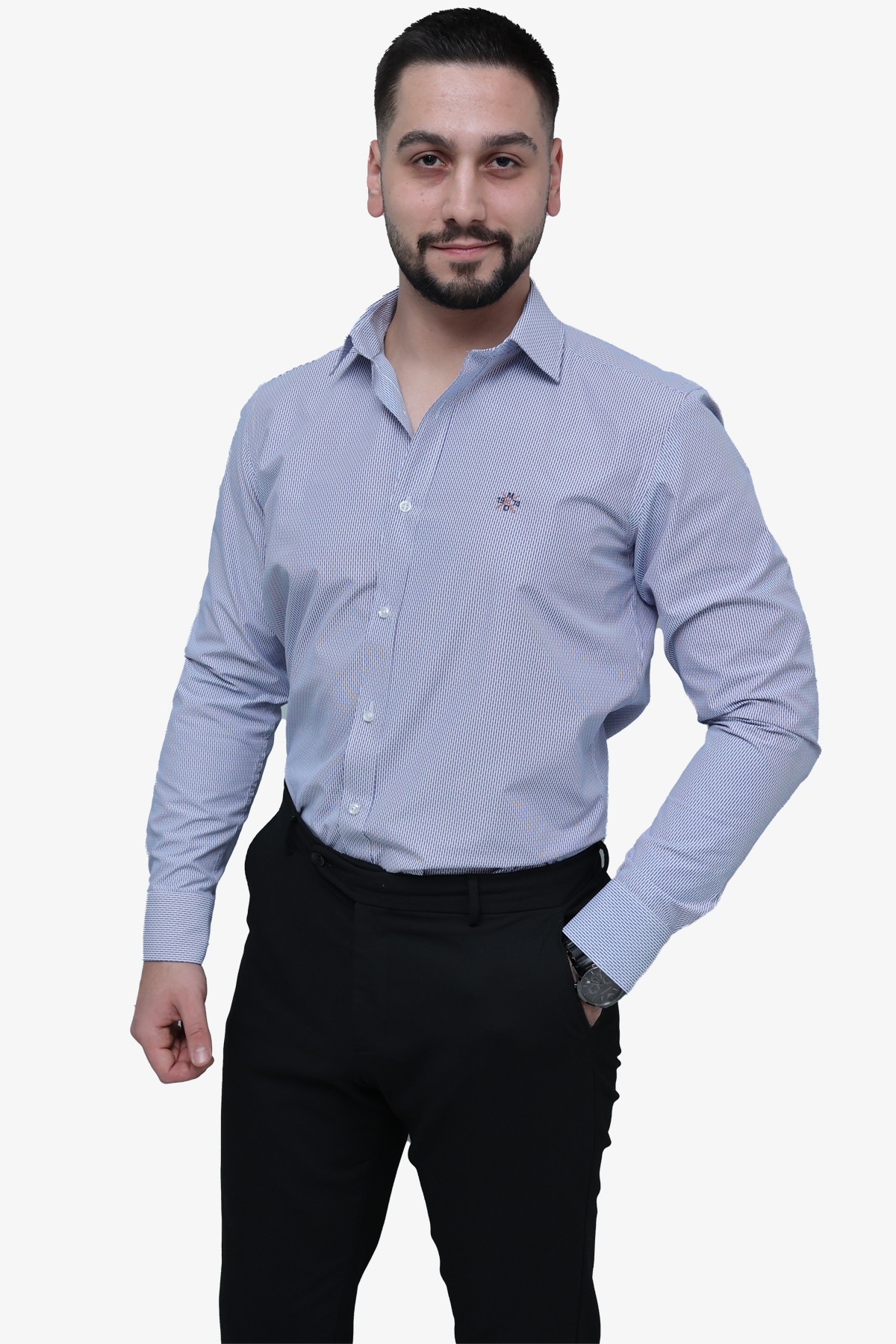 Çizgili Slim Fit Gömlek - KOYU MAVİ