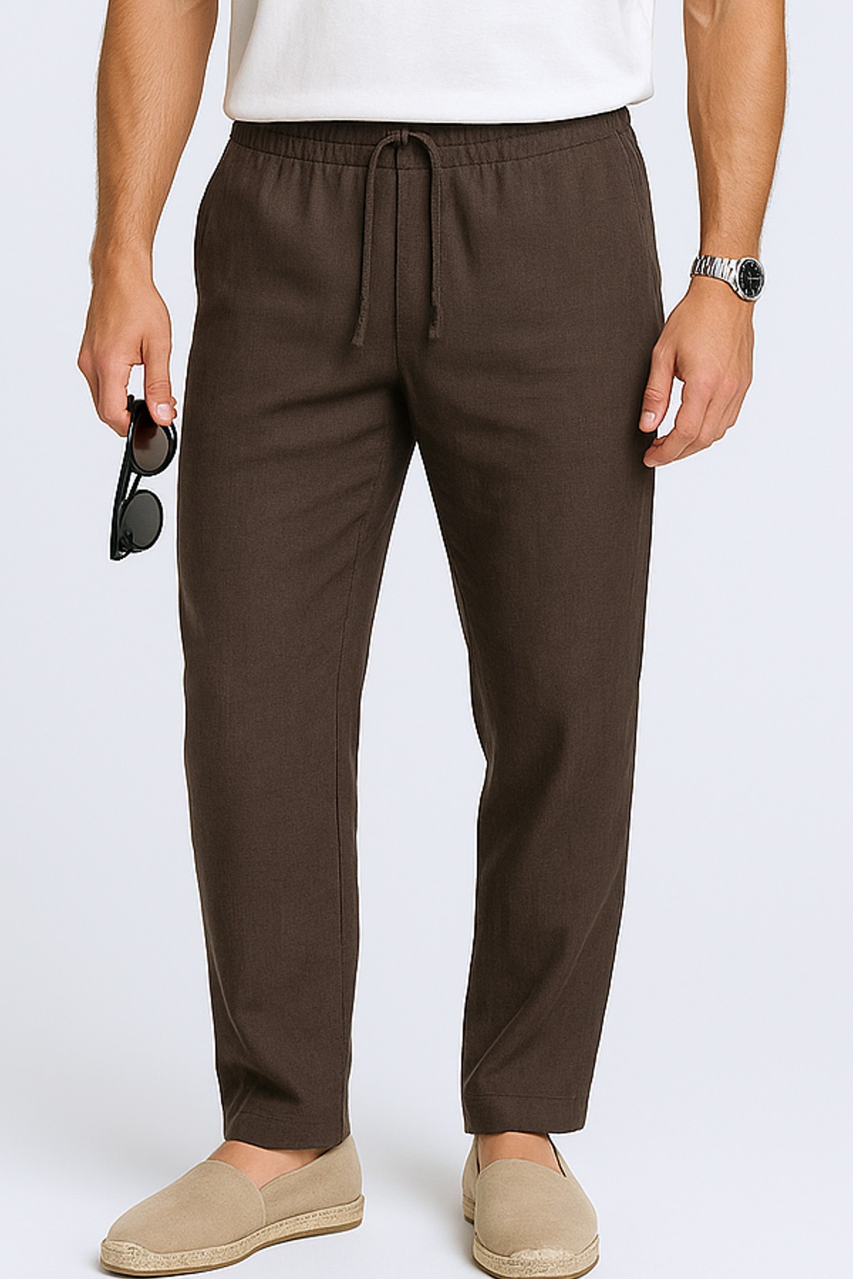 İpli Keten Pantolon - KAHVERENGİ