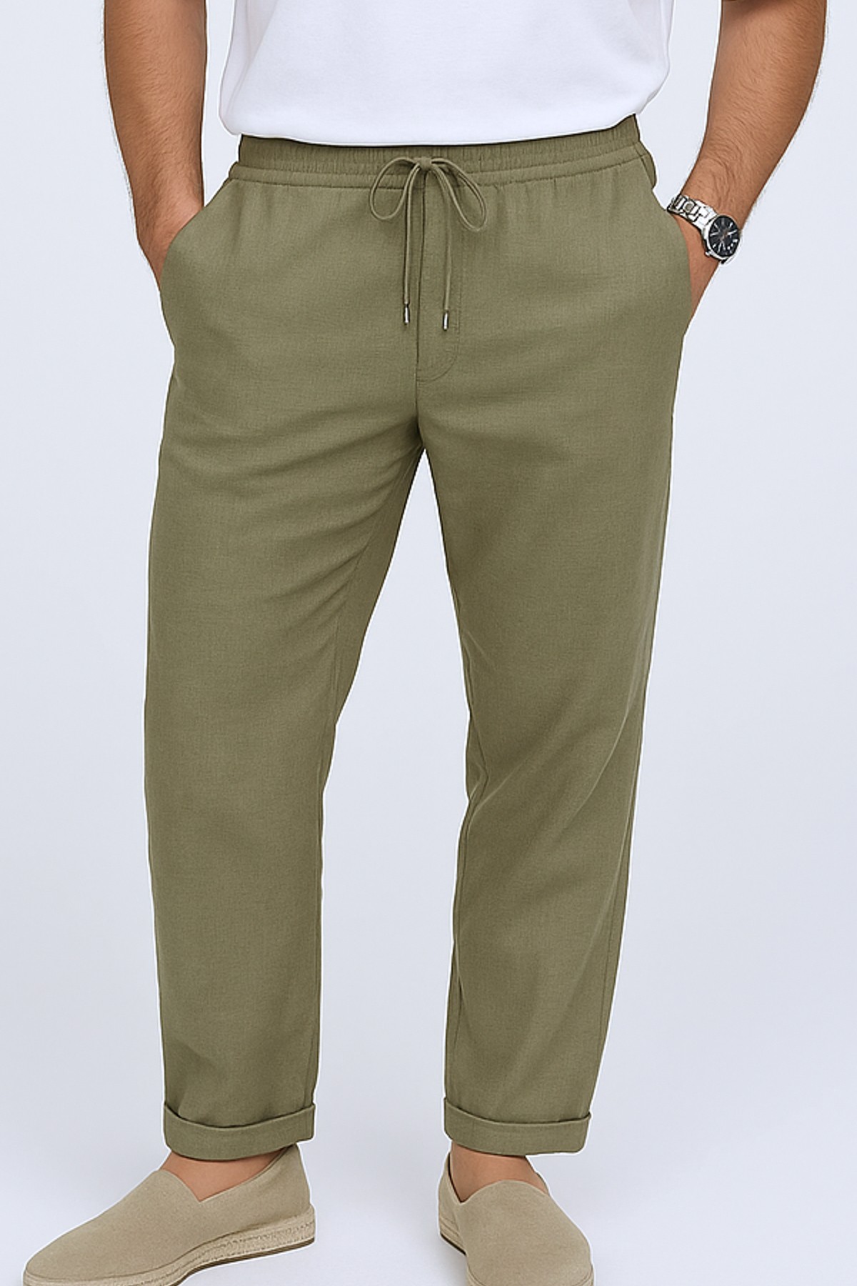İpli Keten Pantolon - Haki