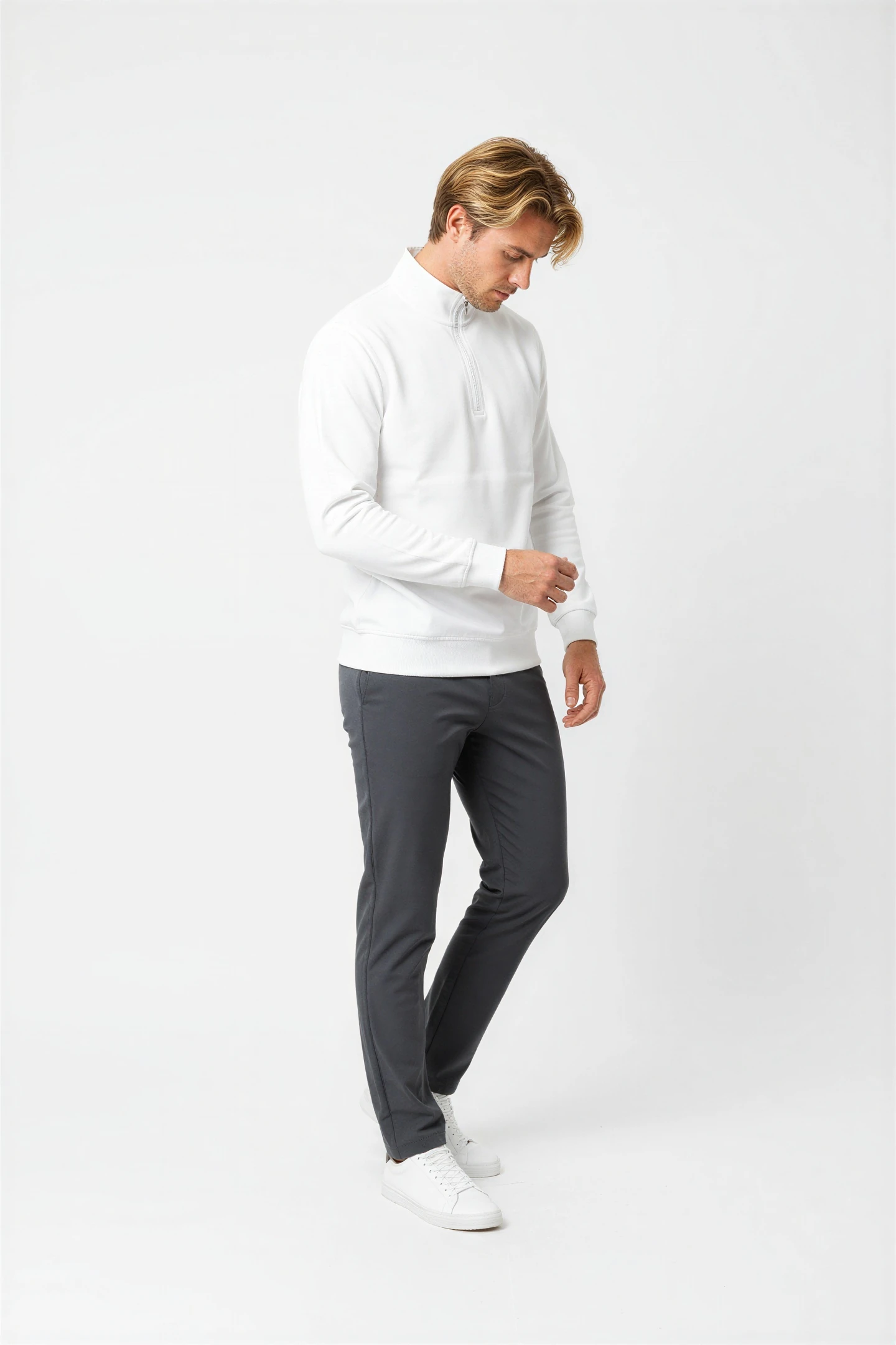 Erkek Yarım Fermuarlı Sweatshirt - Beyaz