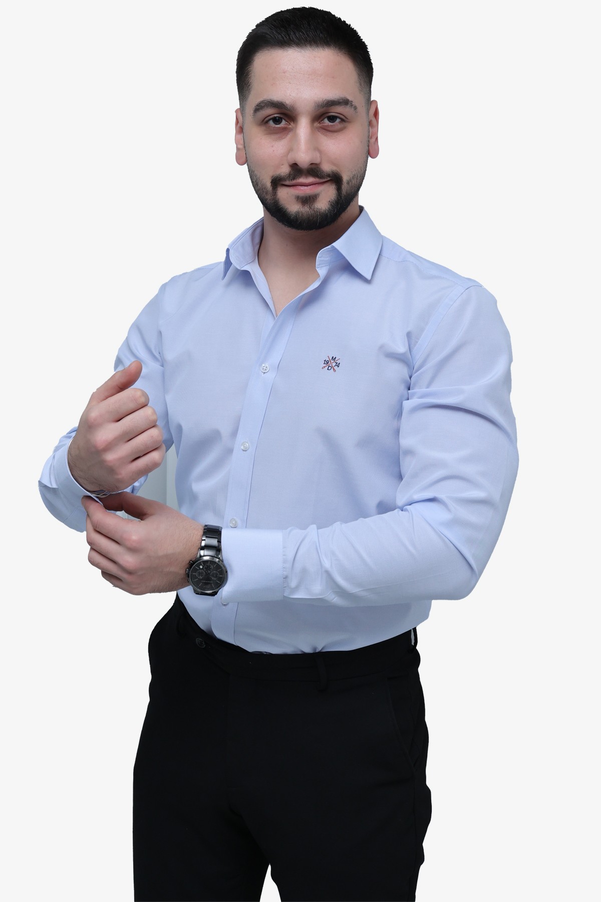 Çizgilii Slim Fit Gömlek - MAVİ