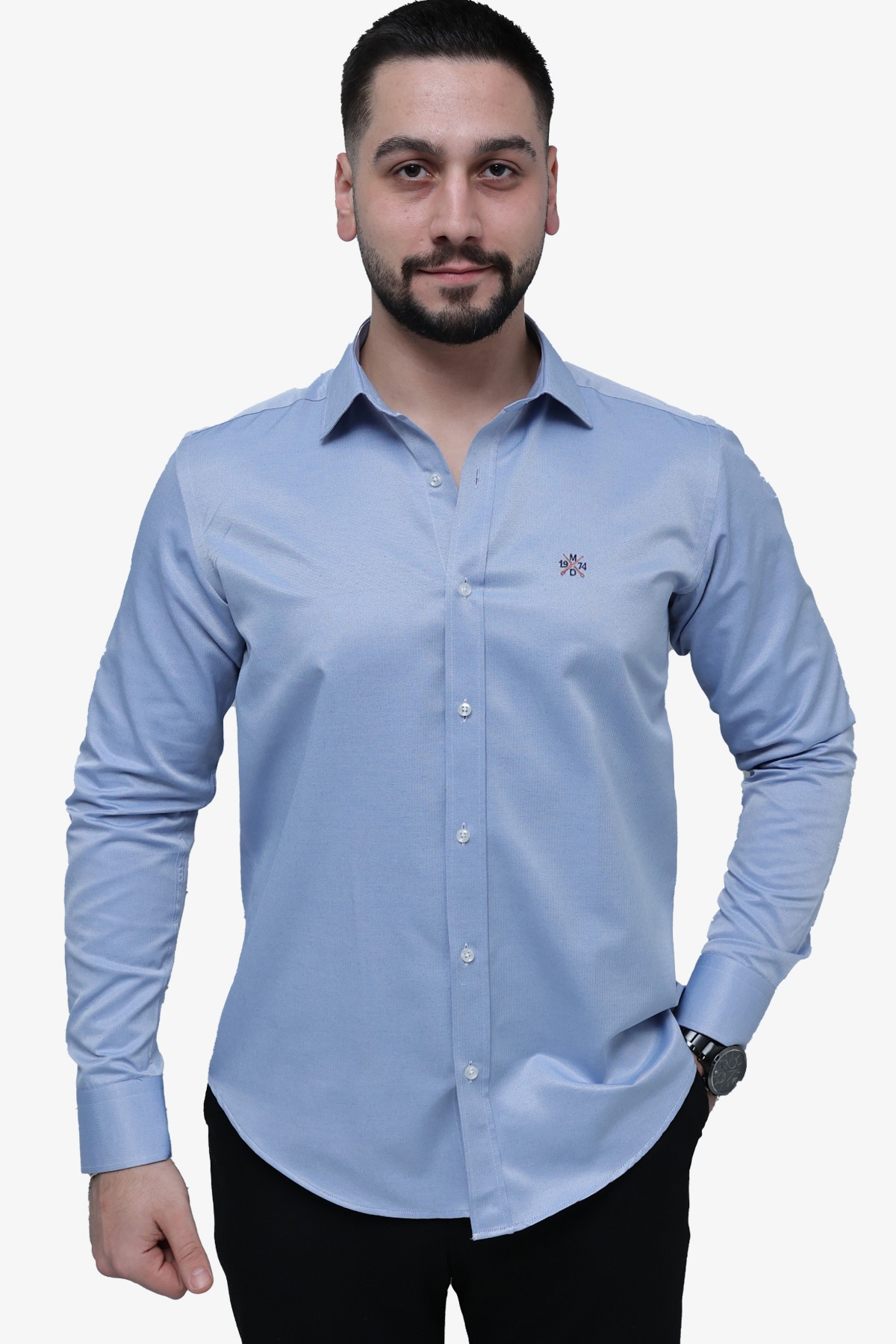 Armürlü Slim Fit Gömlek - KOYU MAVİ