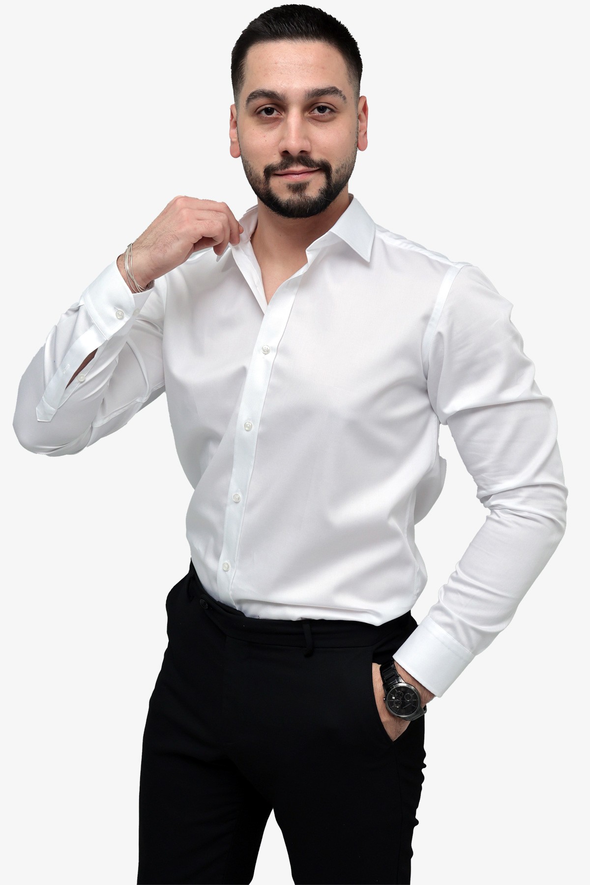 Pamuk Saten Slim Fit Gömlek - Beyaz