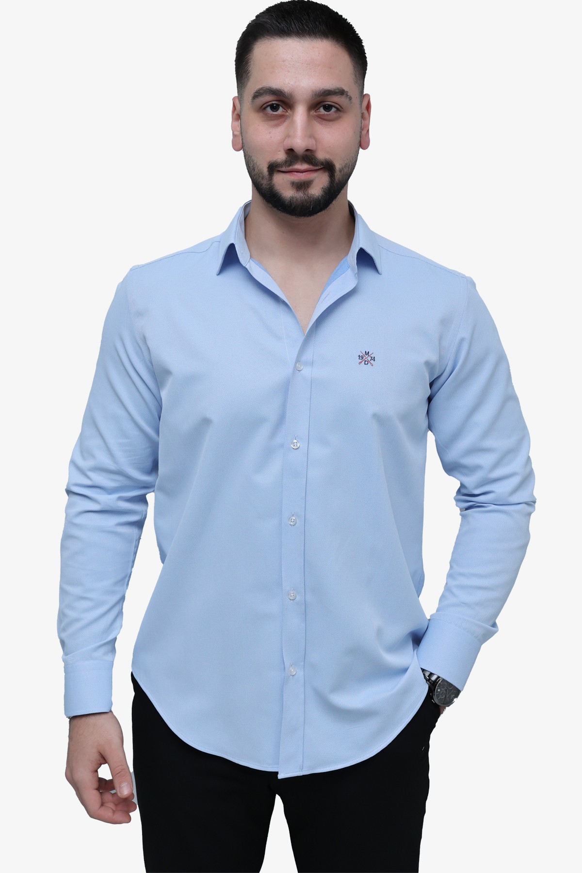 Armürlü Slim Fit Gömlek - MAVİ