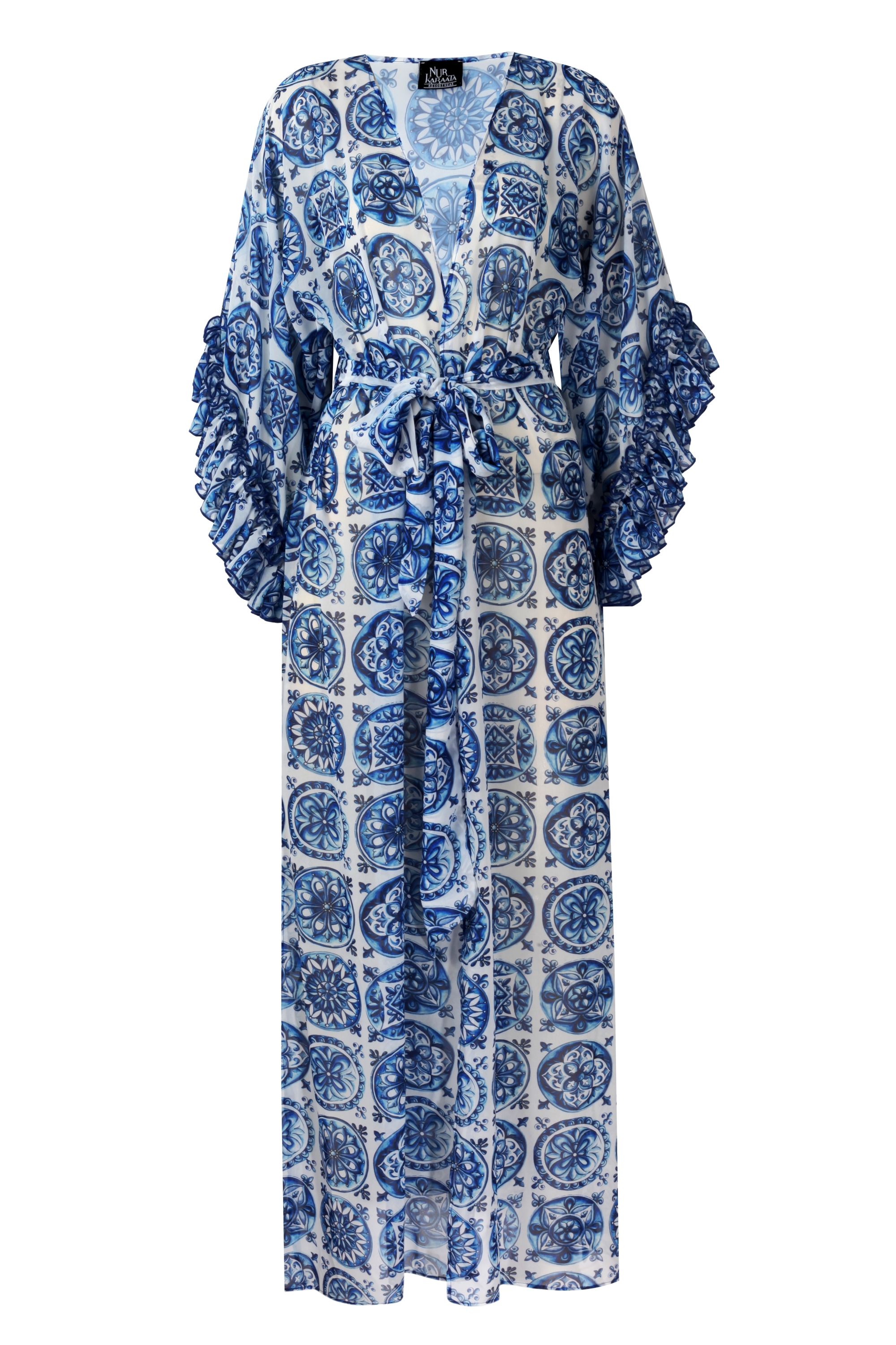 Joali Bleu Blanc Long Sleeve Pareo Dress
