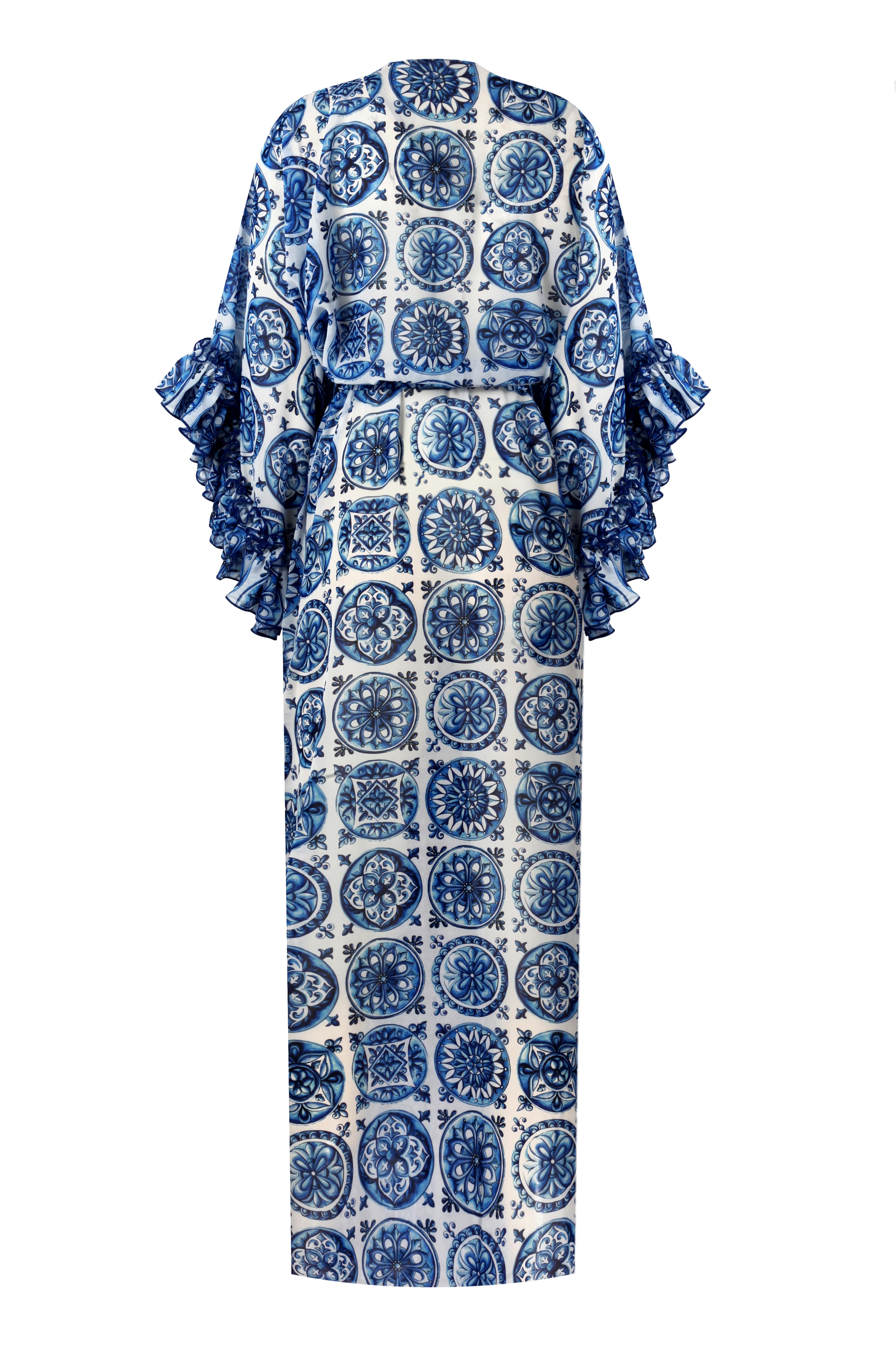 Joali Bleu Blanc Long Sleeve Pareo Dress