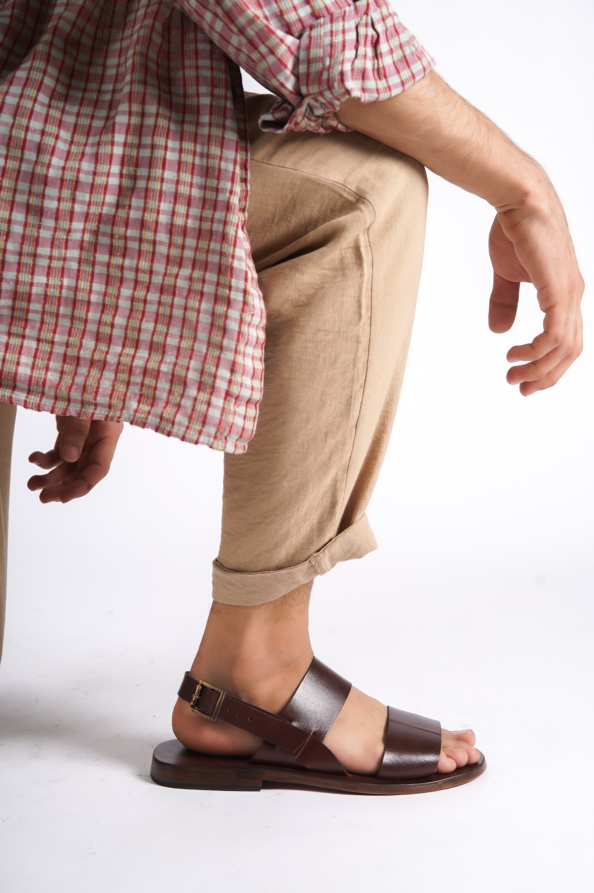 Sur Sandalet El Yapımı Kösele Erkek Deri Bodrum Sandalet - Kahverengi